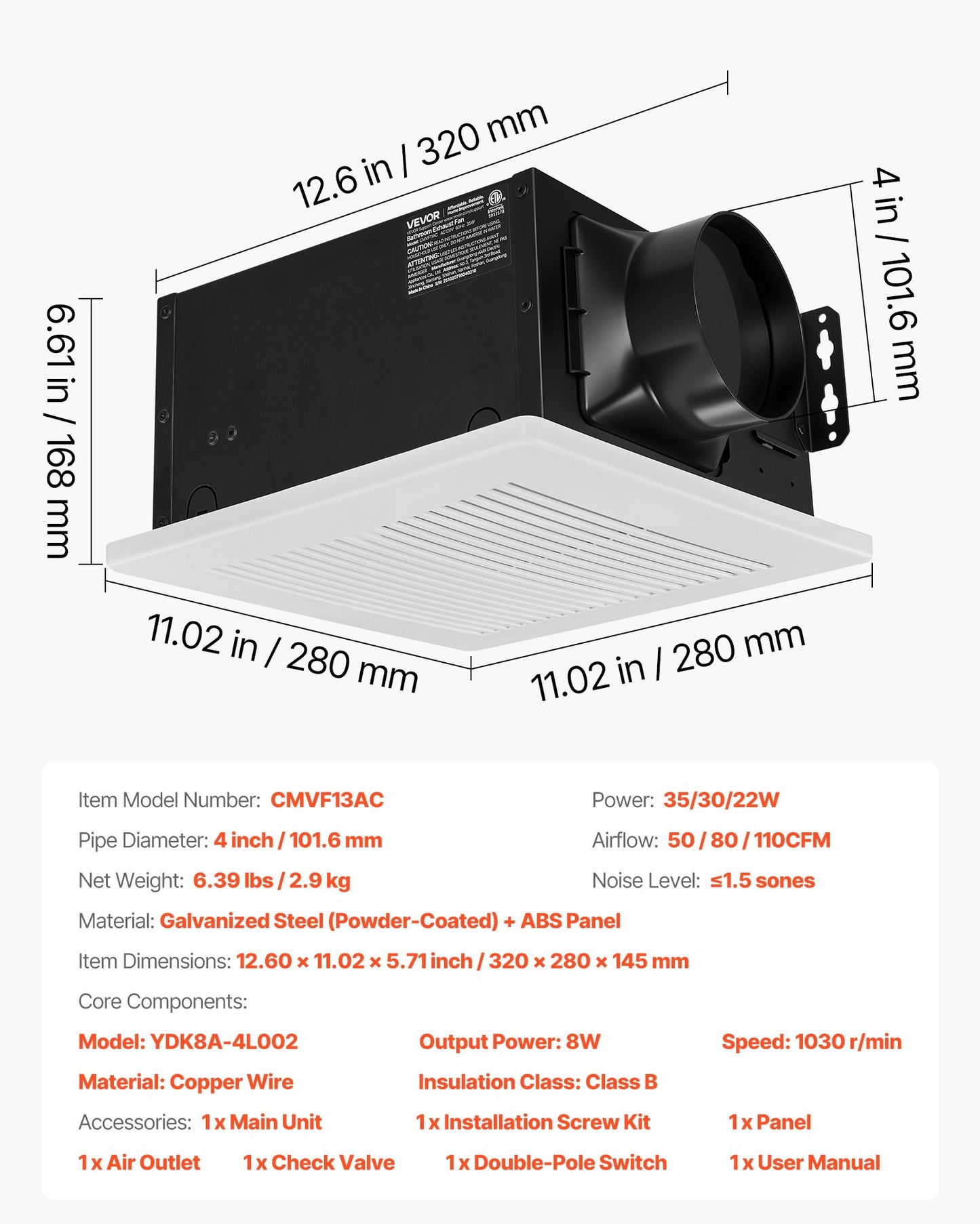 Bathroom Exhaust Fan, 50-80-110 CFM Bathroom Vent, Low-Noise, Premium Motor Ceiling Fan, Standard 4-inch Duct Interface for Laundry Room, Storage Room, Home Ventilation, White