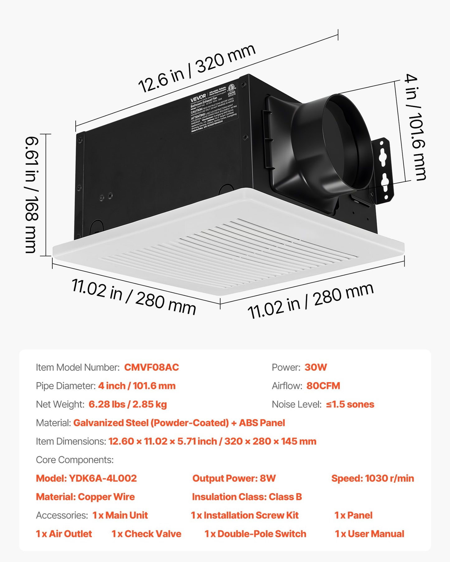 Bathroom Exhaust Fan, 80 CFM Bathroom Vent, Low-Noise, Premium Motor Ceiling Fan, Standard 4-inch Duct Interface for Laundry Room, Storage Room, Home Ventilation, White