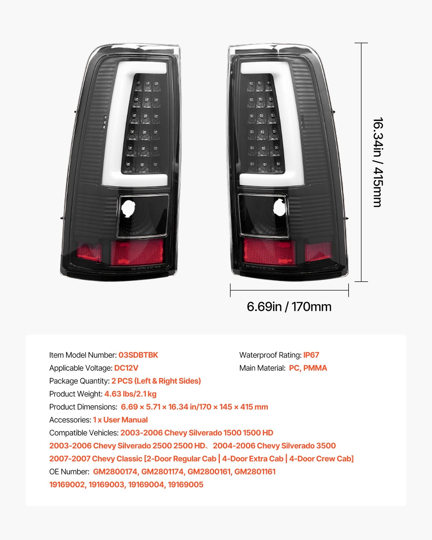 Tail Light Assembly Compatible with 2003-2006 Chevy Silverado 1500 1500 HD 2500 2500 HD 3500, 2007-2007 Chevy Classic, 2PCS Driver & Passenger Side LED Taillight Brake Lamps with Bulbs, Black