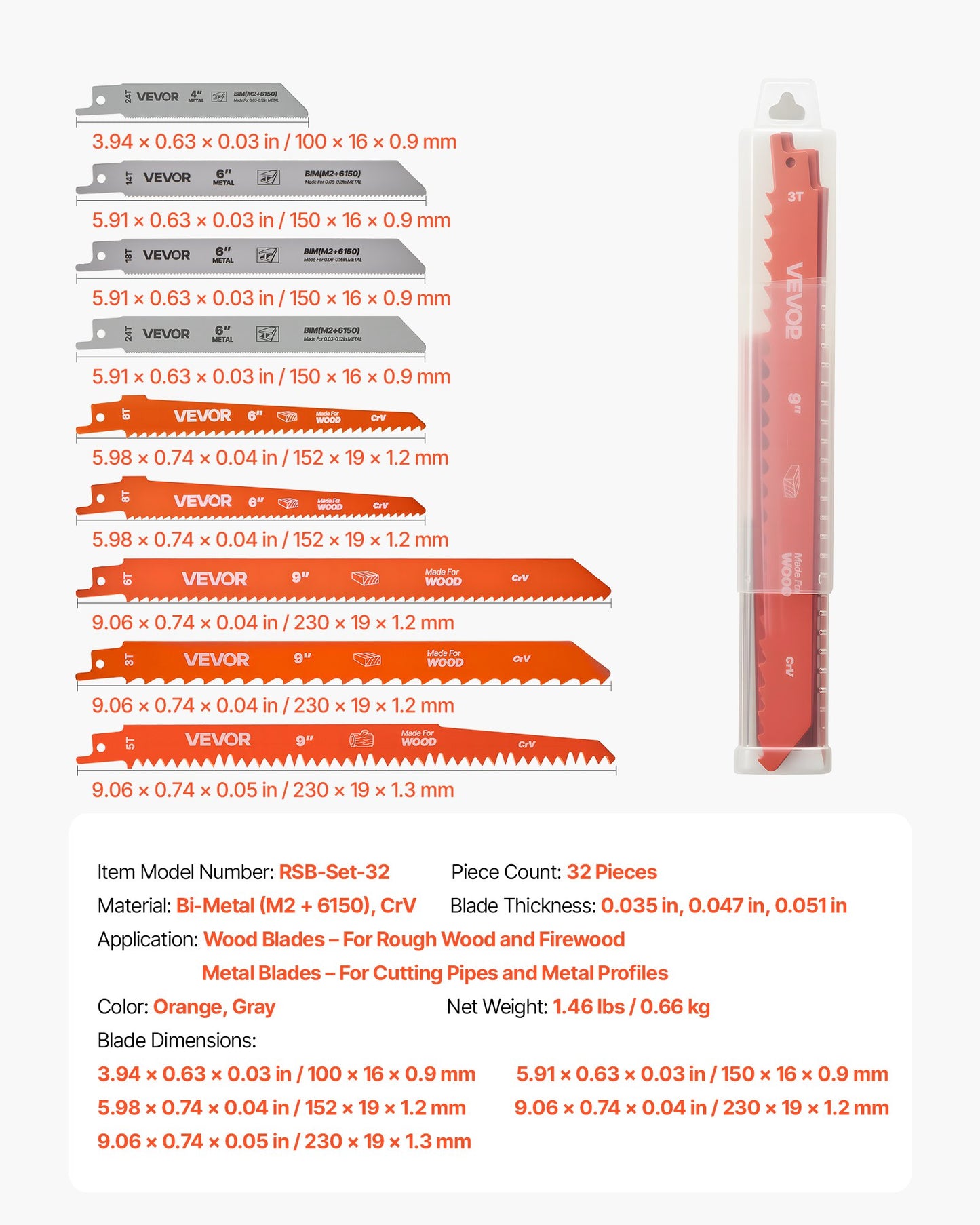 Reciprocating Saw Blades, 32-Piece, Various Sizes Bi-Metal Reciprocating Saw Blade Set with Universal Shank, for Metal and Wood Cutting, Sharp Teeth for Fast and Smooth Cuts, Orange and Gray