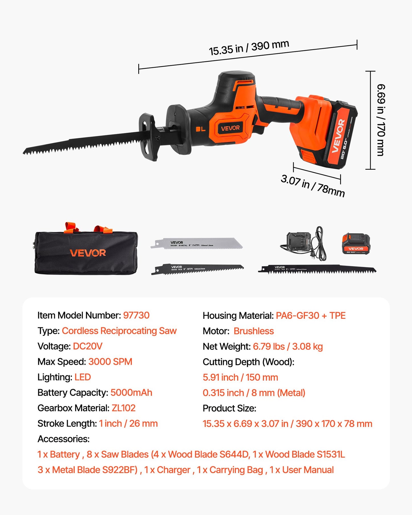Cordless Reciprocating Saw, 20 V, 3000 SPM Variable Speed, 1 inch Stroke Length, Electric Reciprocating Saw with Battery, Charger, 8 Blades, and Carrying Bag, for Wood, Metal and Plastic Cutting