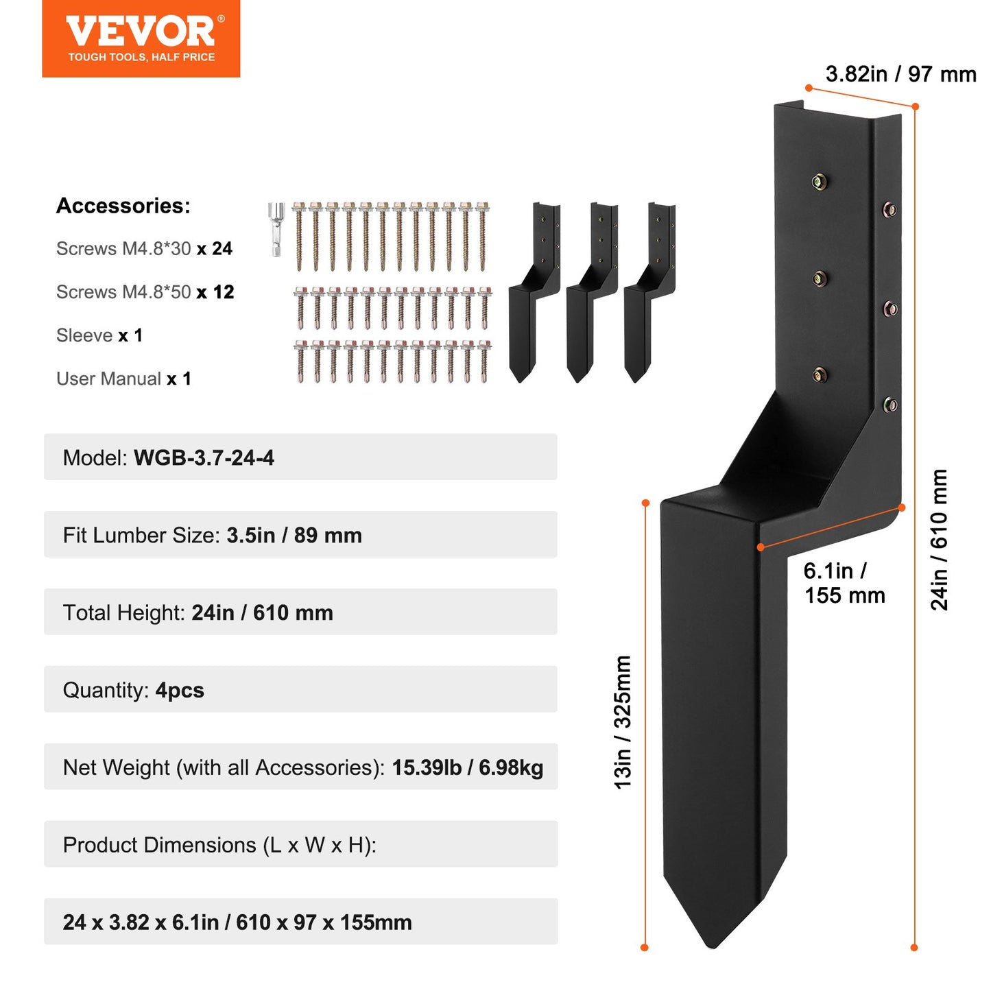 Fence Post Anchor Repair Kit, 4 Pack Inner Diameter 3.5 x3.5 Inches Heavy Duty Steel Fence Post Support Stakes, Anchor Ground Spike for Repair Tilted, Broken Wood Fence Post, Enveloping