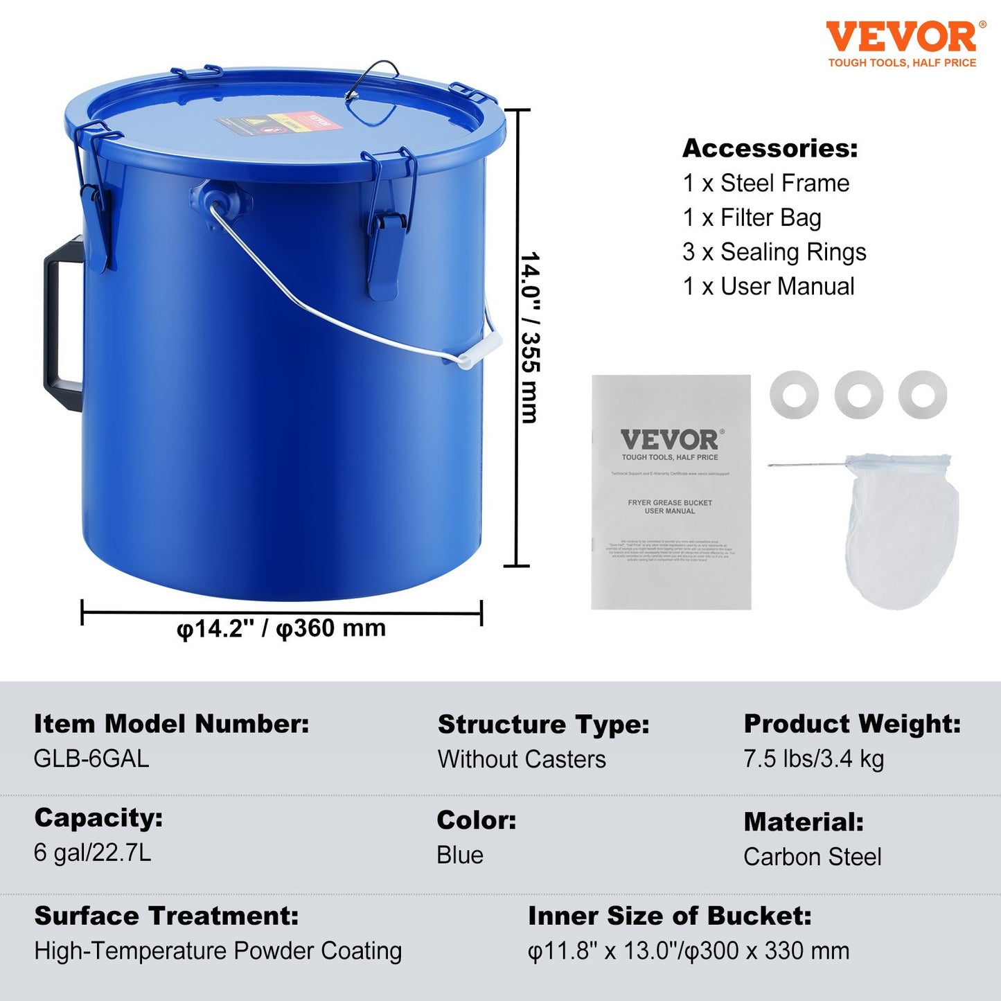 Fryer Grease Bucket, 6 Gal Oil Disposal Caddy Carbon Steel Fryer Oil Bucket with Rust-Proof Coating, Oil Transport Container with Lid, Lock Clips, Filter Bag for Hot Cooking Oil Filtering, Blue