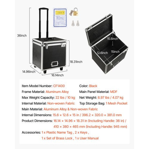 Bärbar arkivlåda, 395 x 320 x 380 mm invändig bröststorlek, låsbar mobil affärsväska med teleskophandtag, handhållen arkivlåda för kontor, hem, kontor, sjukhus, banker | EU
