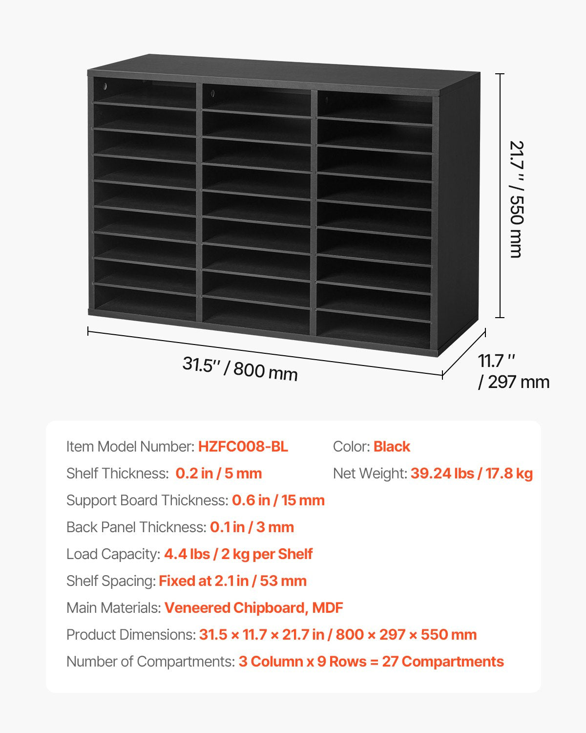 Literature Organizer, 27 Compartments Office Mailbox with Removable Shelves, Wooden Mailbox Sorter Particle Board Office Home Classroom Storage, File Sorter for Files, Documents, Papers, Black