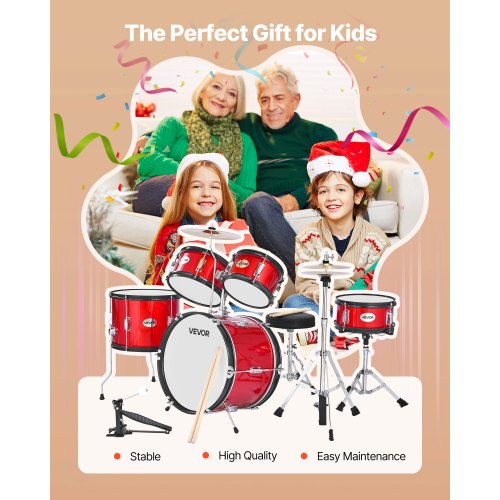 Kinderschlagzeug 5-teiliges Junior-Musikschlagzeug mit 16-Zoll-Basstrommel (Rot)