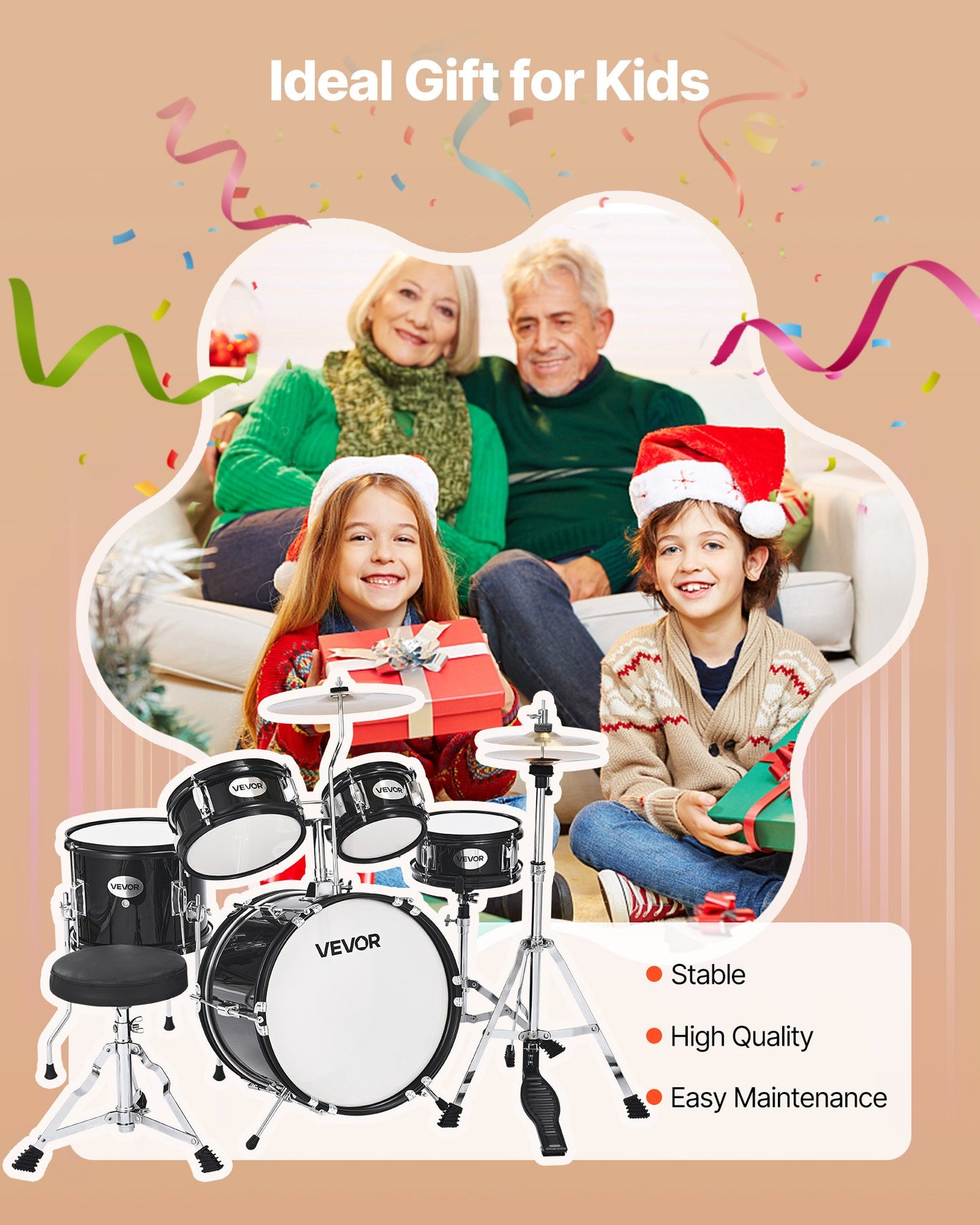 Kids Drum Set, 5-Piece 14 in Junior Drum Sets, Beginner Drums Set with Adjustable Throne, Cymbal & Two Pairs of Drumsticks, Musical Learning Drums Instruments Kit, for Children Ages 6-13(Black)