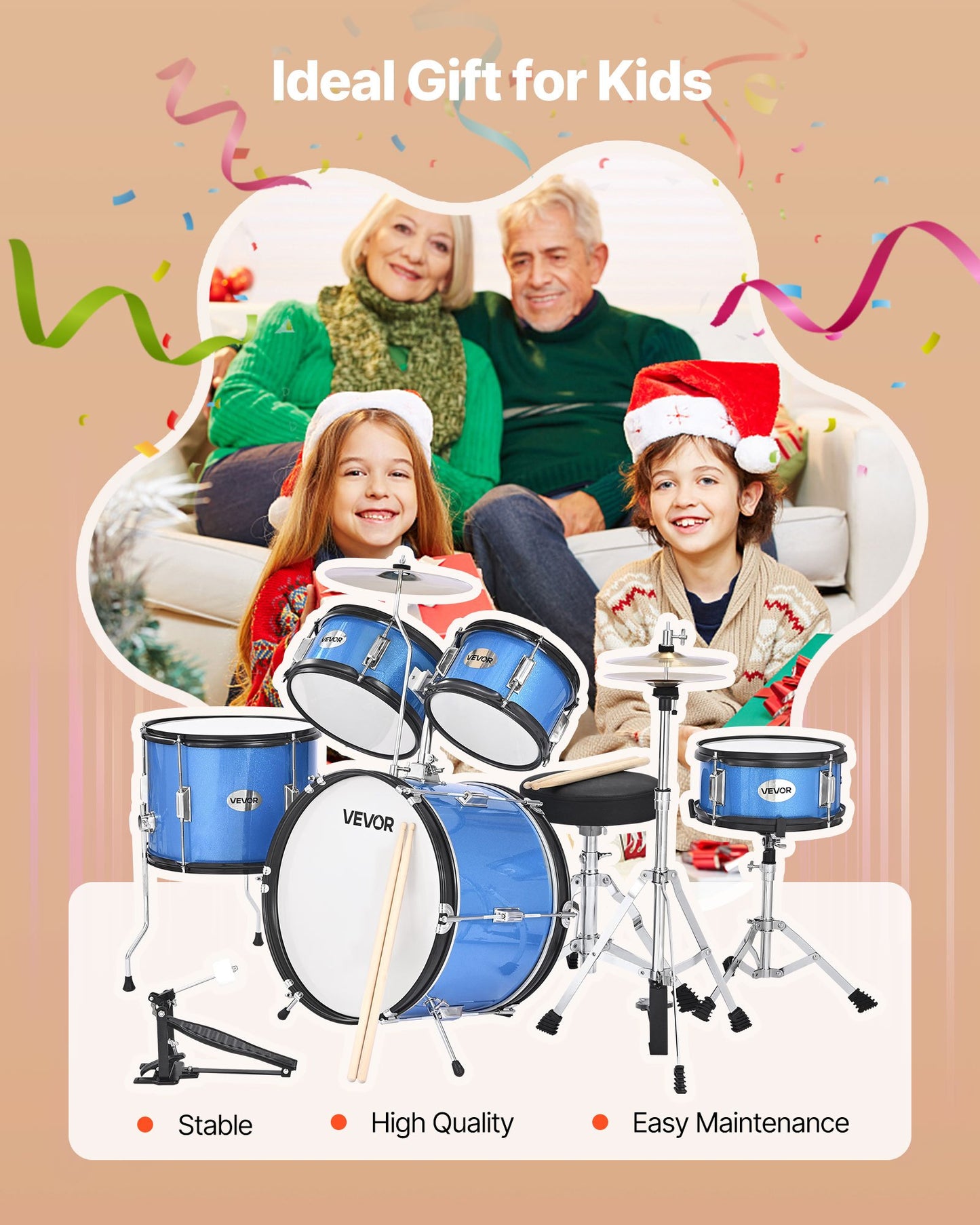 Kids Drum Set, 5-Piece 16 in Junior Drum Sets, Beginner Drums Set with Adjustable Throne, Cymbal & Two Pairs of Drumsticks, Musical Learning Drums Instruments Kit, for Children Ages 6-13 (Blue)