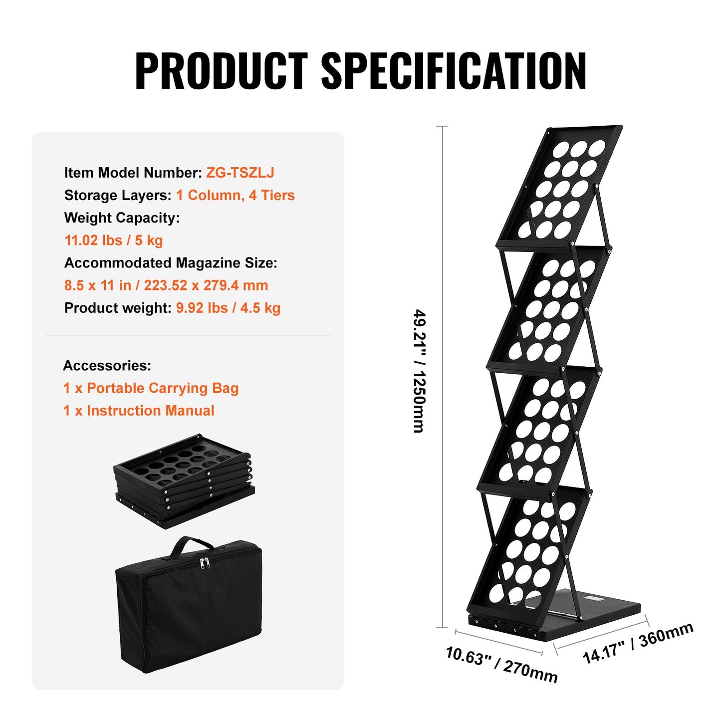 Foldable Magazine Display Rack, 4-Tier Brochure Literature Display Stand, Portable Catalog Brochure Holder Stand with Carrying Bag for Office Trade Show Exhibitions, 4 Pockets