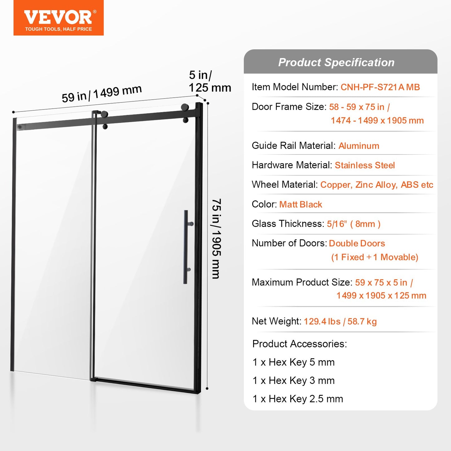 Frameless Shower Door, 58-59 W x 75 H in, Shower Sliding Glass Door with 5/16 in(8mm) Clear SGCC Tempered Glass, Waterproof Shatterproof Stainproof with Stainless Steel Hardware, Matte Black