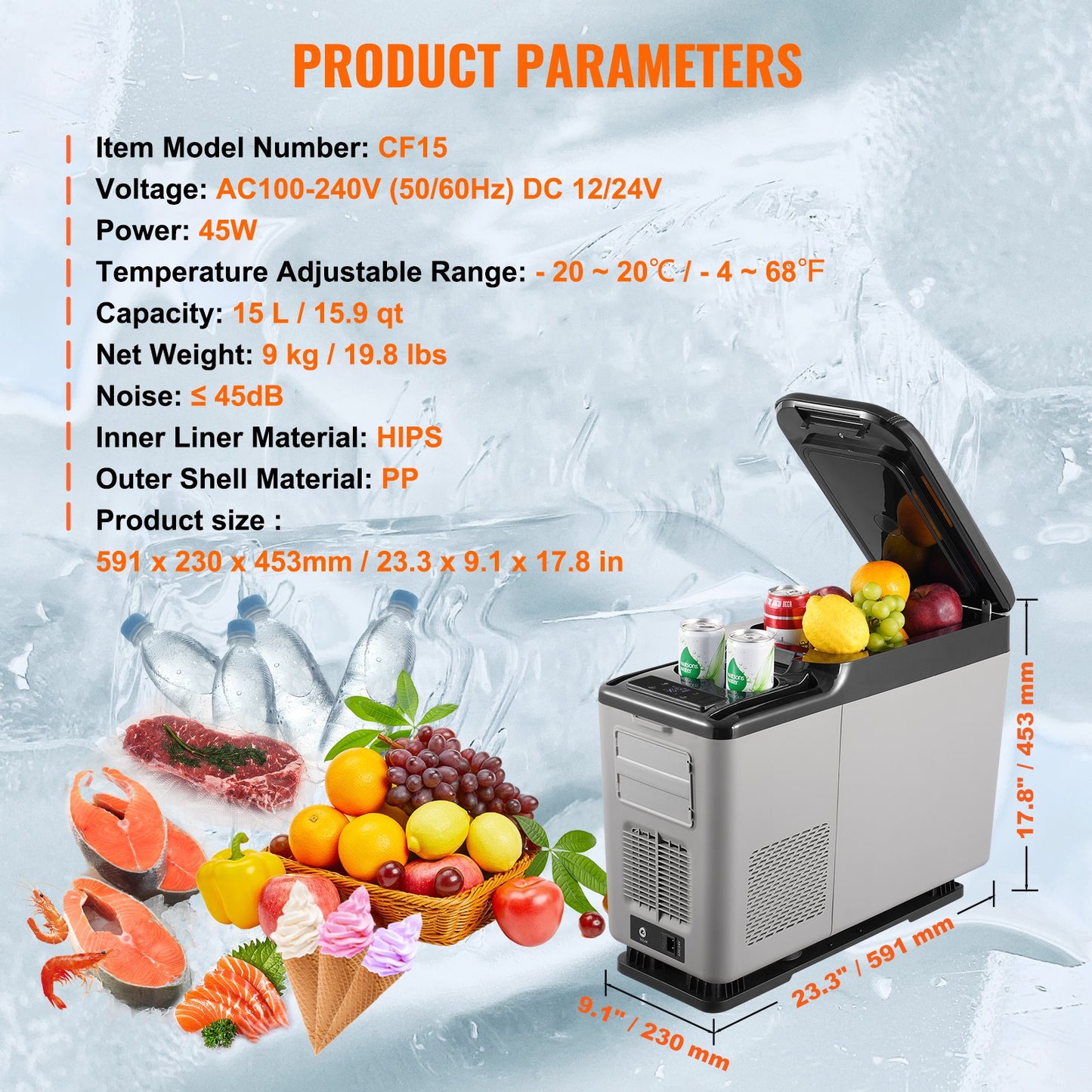 Car Refrigerator, 12 Volt Car Armrest Refrigerator Fridge, 15 L Single Zone Portable Freezer, -4℉-68℉ Adjustable Range, 12/24V DC and 100-240V AC Compressor Cooler for Outdoor, Camping