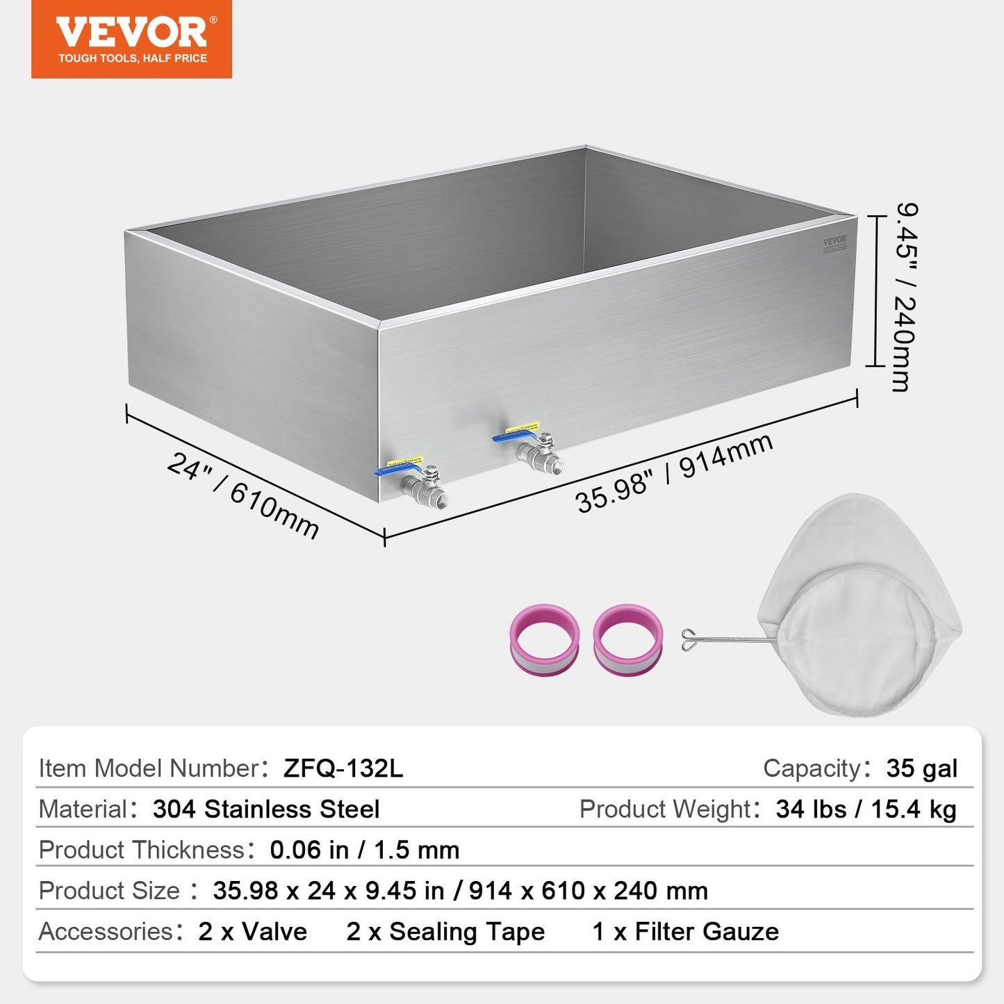 Maple Syrup Evaporator Pan, 35 Gallon, 509 Cups of 8.8oz Maple Syrup, Flat Evaporator Pan with 2 Valves and 3 Heating Methods, 304 Stainless Steel Maple Syrup Pan for Home, Outdoor