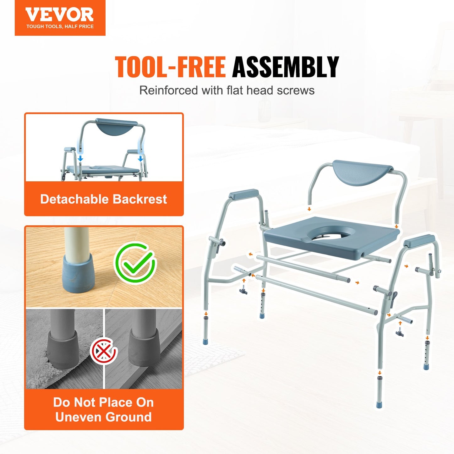 Commode Chair, Bedside Commode with Drop-Down Arms and Detachable Backrest, 5-Level Adjustable Height, 7L Removable Bucket, Easy to Assemble, 1000LBS Capacity, Portable Toilet for Adults Seniors