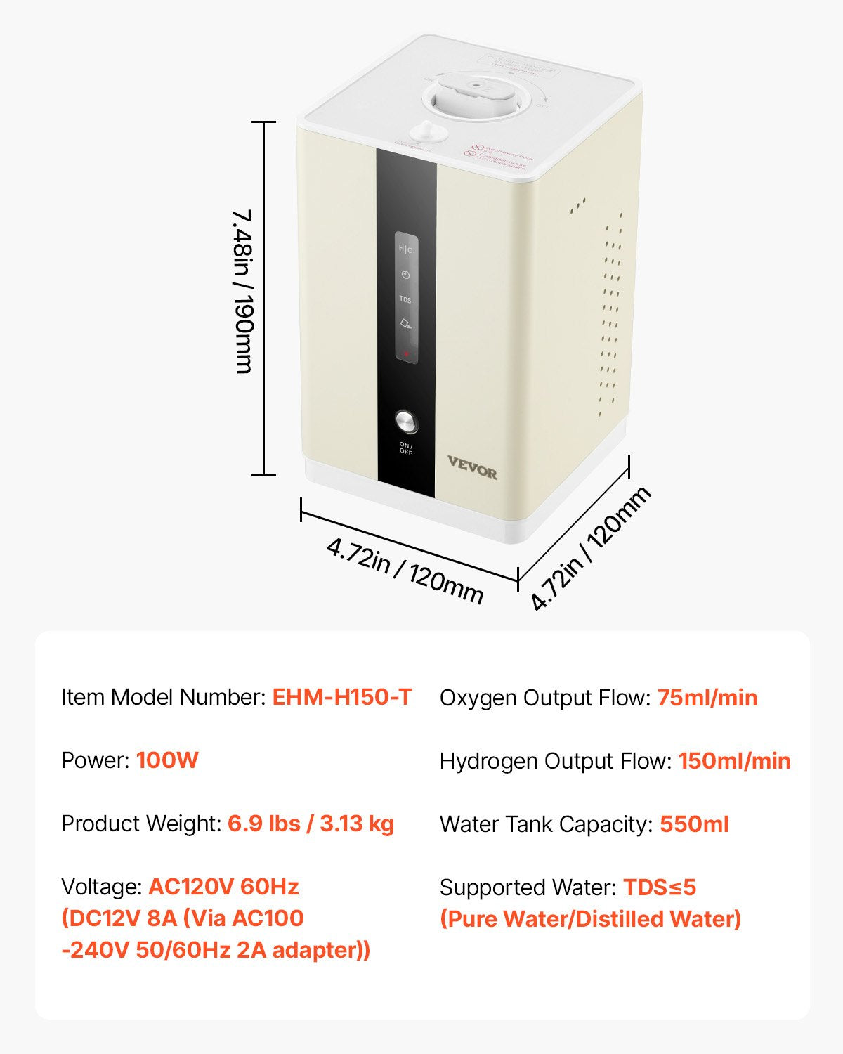 Hydrogen Inhalation Machine, 99.99% High Purity Hydrogen Inhaler, HO-Separated 225ml/min (150 H+75 O) Dual Port Hydrogen Oxygen Inhaler, Hydrogen-Rich Water Generator for Home Travel