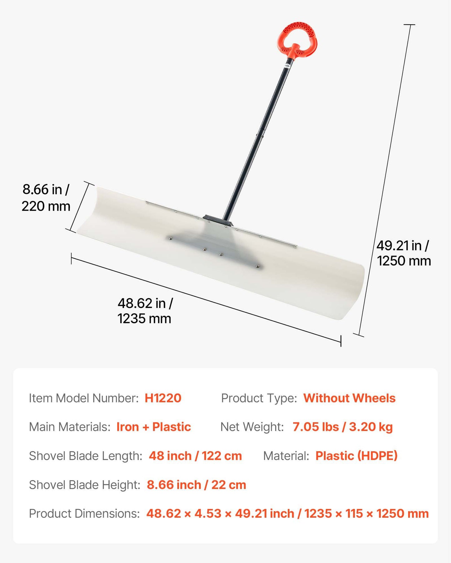 Snow Pusher Shovel, 48 in Outdoor Snowplow Shovel with Ergonomic Grip, HDPE Plastic Blade, Winter Shovels with Segmented Handle, Metal Edged Strip, Portable Snow Removal Tool for Driveway Garden