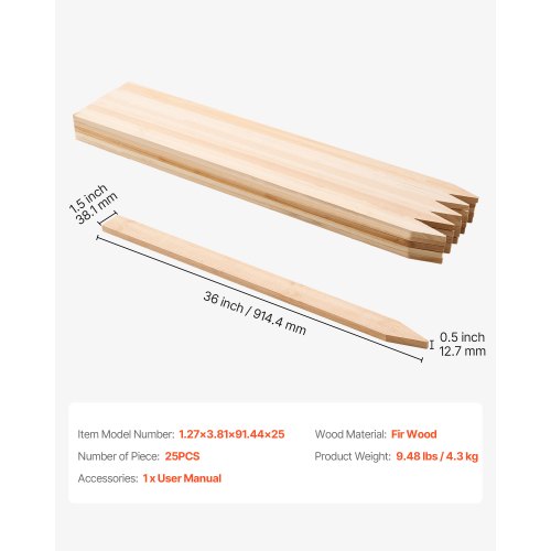 Trädgårdsstänger, 25 st 12,7×38,1×914,4 mm Mätningsstänger, Trädgårdsmarkstång med vass spets, Stödstång för granplantor, Skyltstolpar för Staket, Gränsgränser | EU