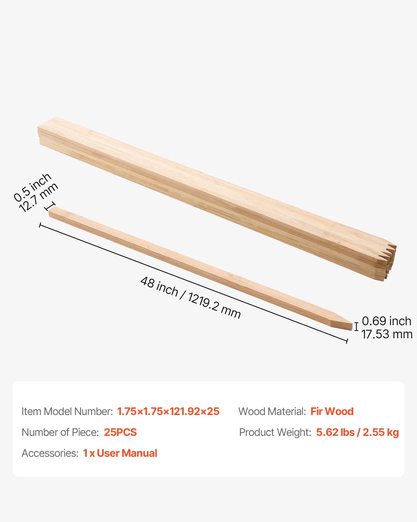 Wooden Garden Stakes, 25 Pcs 48x0.5x0.69 in Survey Grading Stakes, Garden Ground Stake with Sharp Point, Fir Wood Plant Support Stake, Sign Posts for Silt Fence Backyard Boundaries Baselines