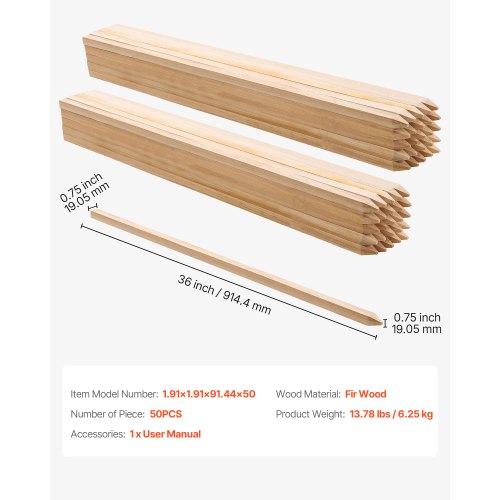 Trädgårdsstänger, 50 st 19,05×19,05×914,4 mm Mätningsstänger, Trädgårdsmarkstång med vass spets, Stödstång för granplantor, Skyltstolpar för Staket, Gränsgränser | EU