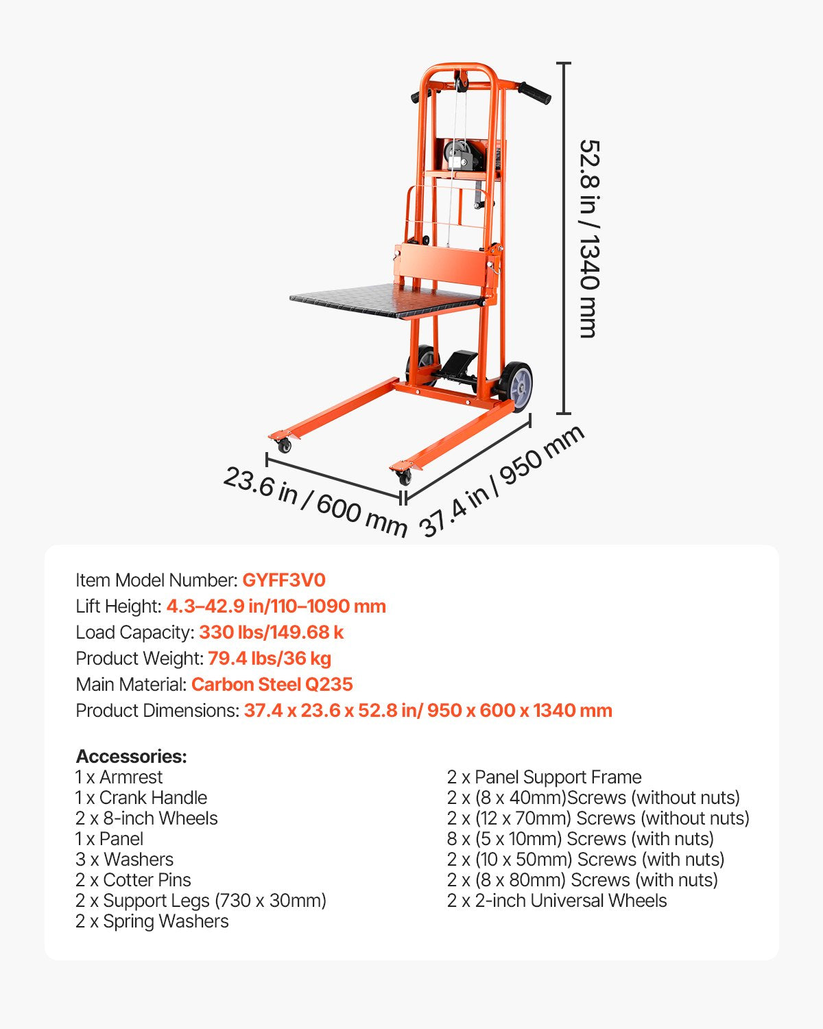 Material Lift Winch Stacker, 330lbs Capacity Pallet Truck Dolly, 42.9in Max Lifting Height Manual Winch Stacker, Multifunctional Manual Pallet Truck Stacker with Swivel Casters and Lift Plate