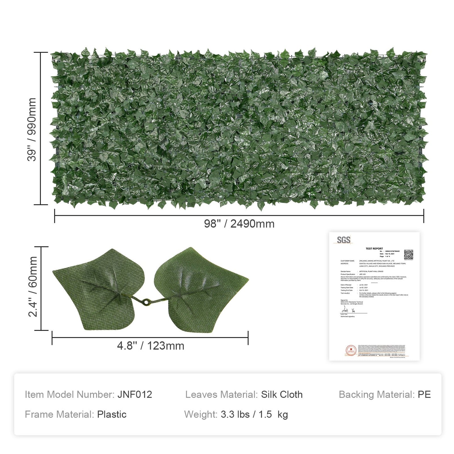 Ivy Privacy Fence, 39 x 98 in Artificial Green Wall Screen, Greenery Ivy Fence with Mesh Cloth Backing and Strengthened Joint, Faux Hedges Vine Leaf Decoration for Outdoor Garden, Yard, Balcony