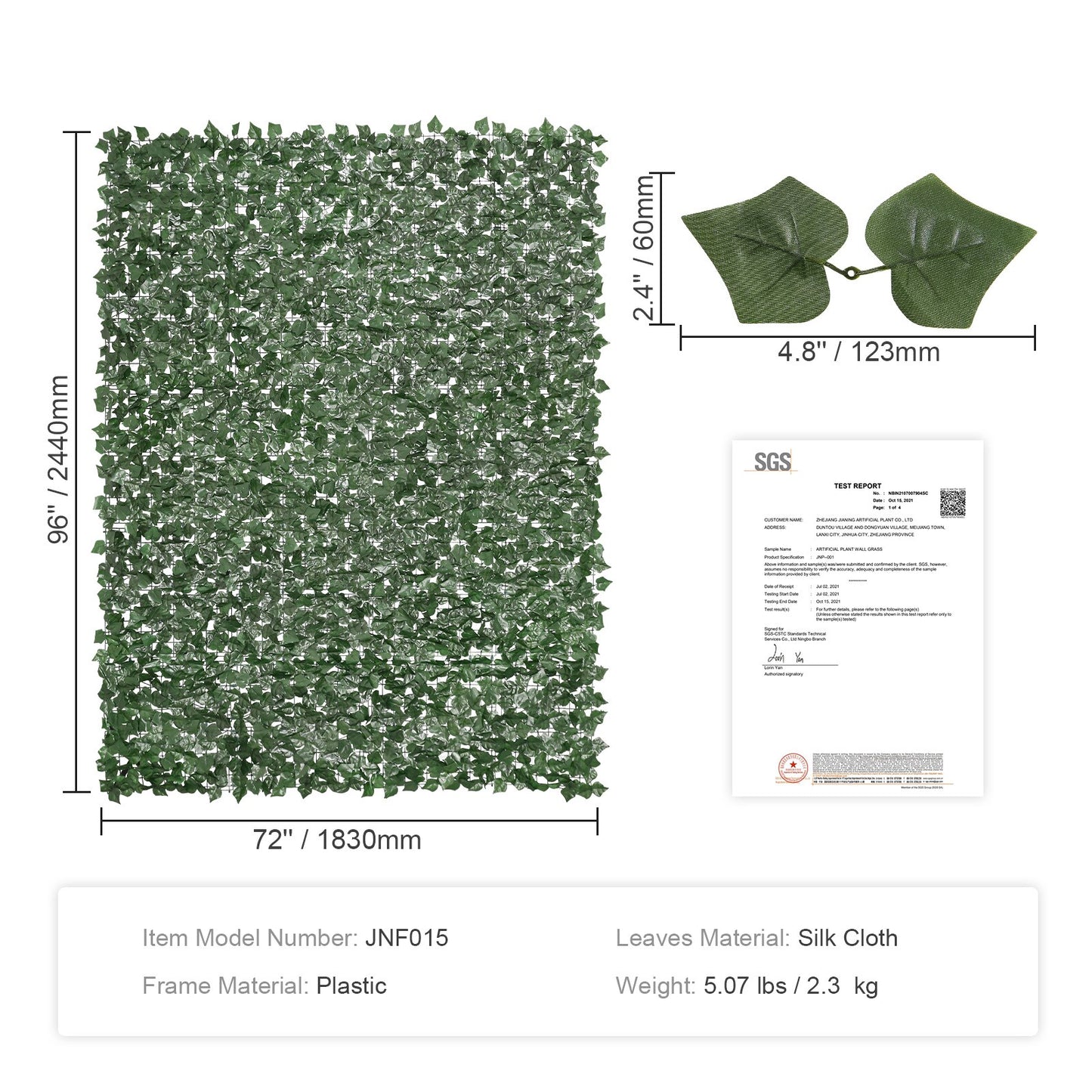 Ivy Privacy Fence, 96 x 72 in Artificial Green Wall Screen, Greenery Ivy Fence with Strengthened Joint, Faux Hedges Vine Leaf Decoration for Outdoor Garden, Yard, Balcony, Patio Decor