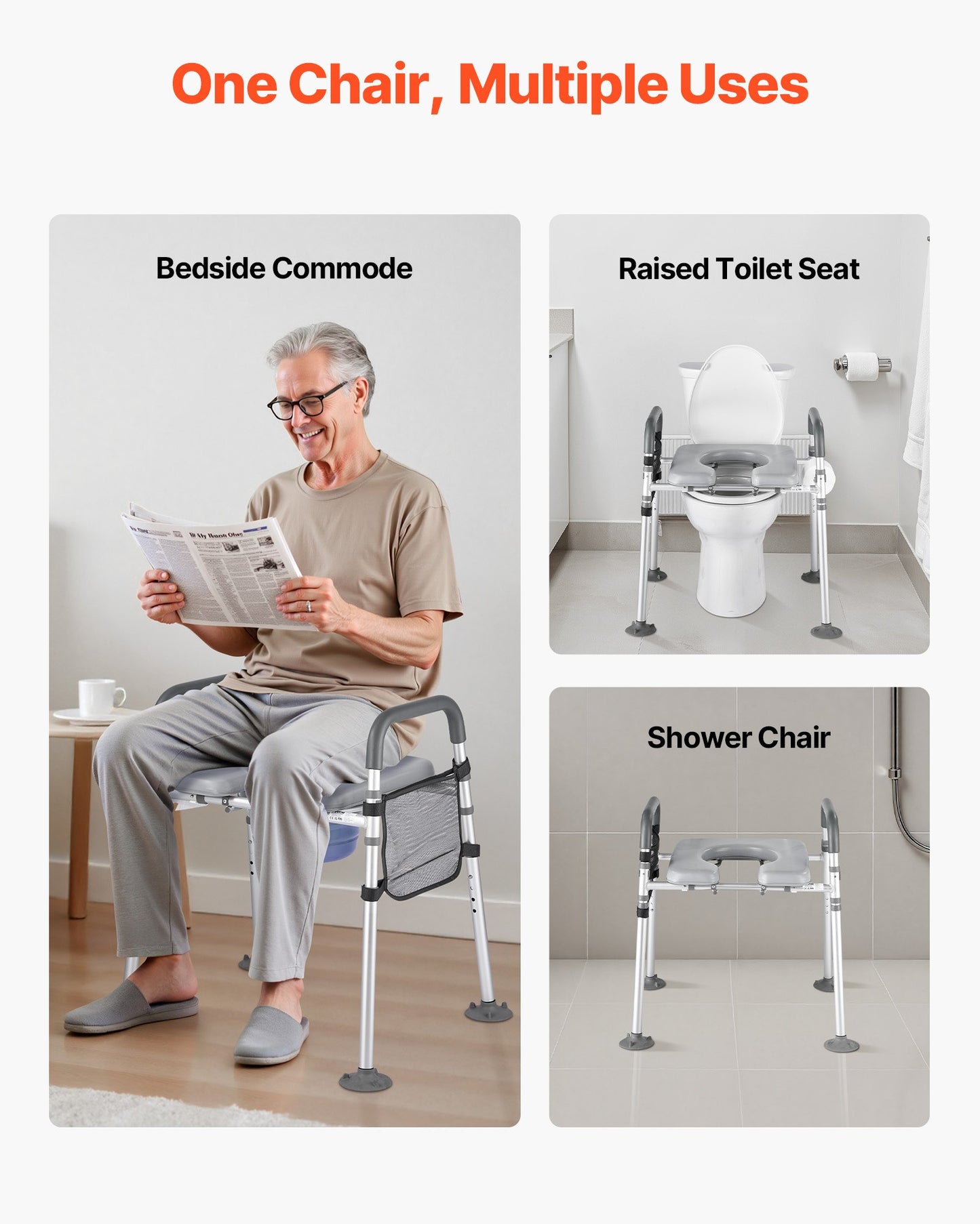 Bedside Commode Chair, 500 lbs Capacity, 4-in-1 Portable Toilet and Raised Toilet Seat with Padded Seat & Armrest, Detachable 5L Bucket, Adjustable Height & Width Adult Potty Chair for Seniors