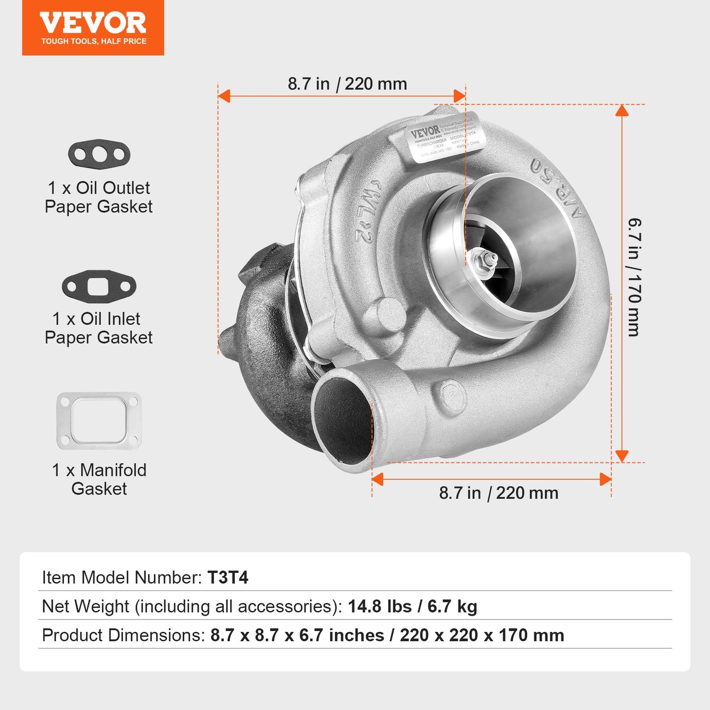 Turbo Turbocharger with Gasket Kit, Turbo Charger Replacement for Car Engines, Compatible with 1.5L-4.0L Engine Displacements, Heat Resistance Engine Turbocharger with K418 Alloy Impeller