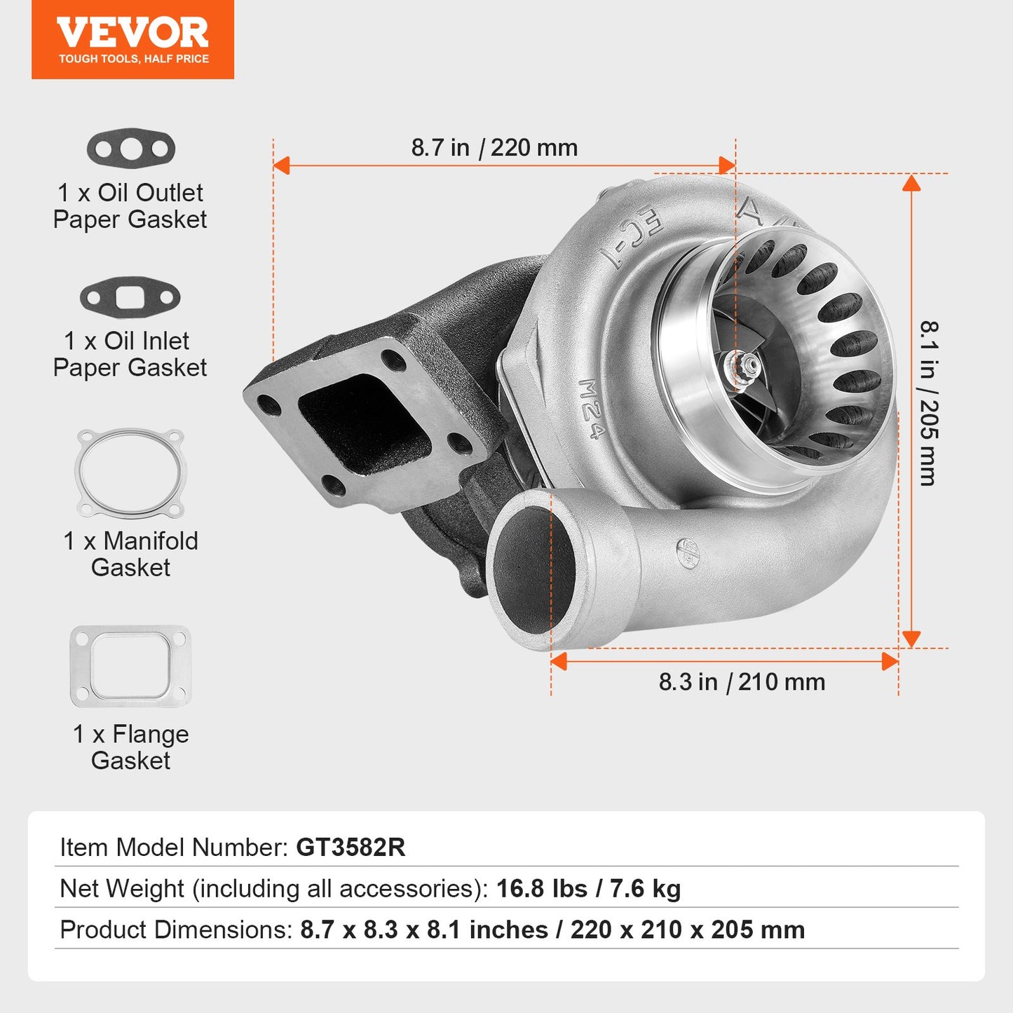 Turbo Turbocharger with Gasket Kit for 2.5L-6.0L Engine Displacements