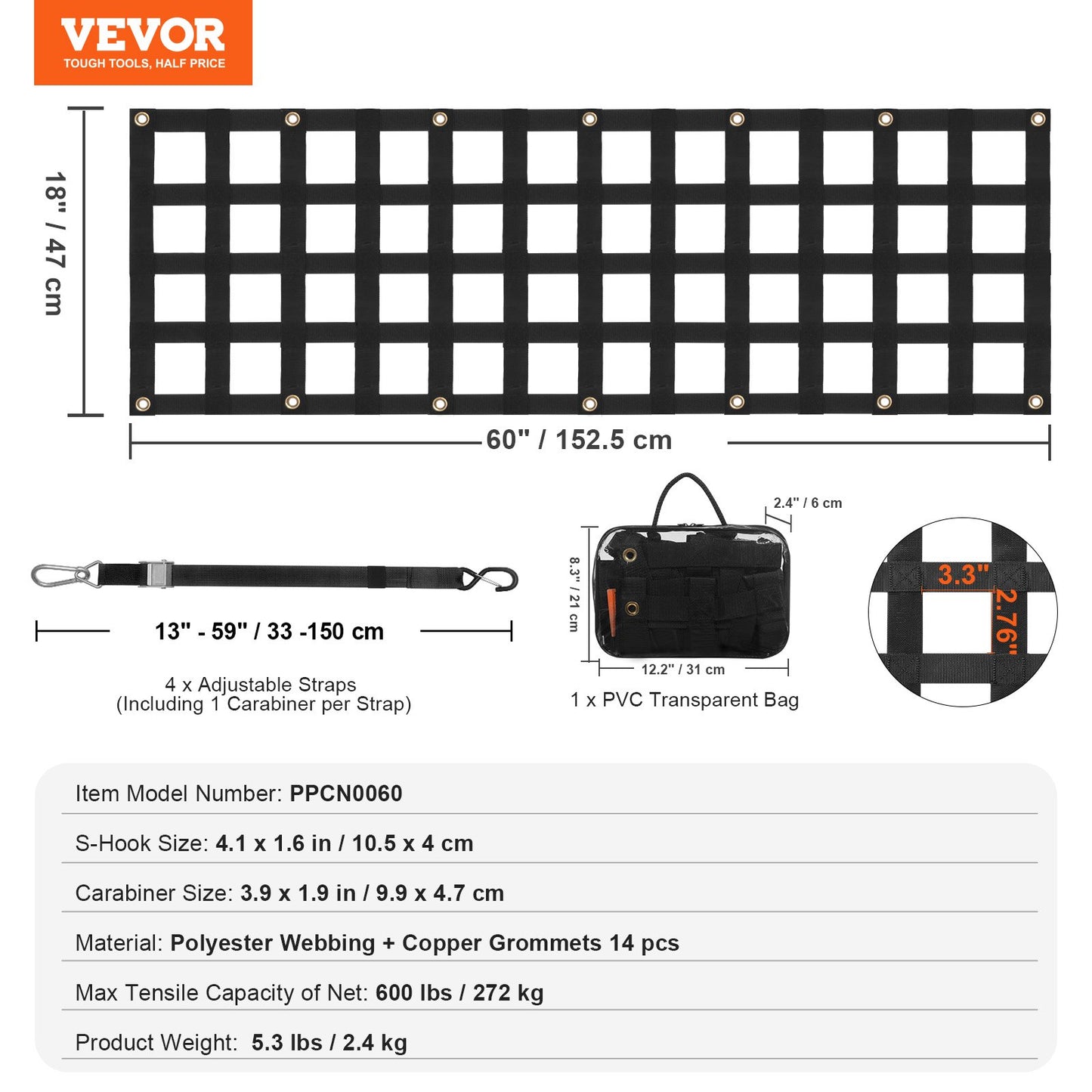 Tailgate Net, 60 in x 18 in, Heavy Duty Cargo Net for Truck Bed with 4 Adjustable Telescopic Straps, Extendable & Durable, Flexible Adjustment, Suitable for Pickup, Trailer, Truck, Jeep, SUV
