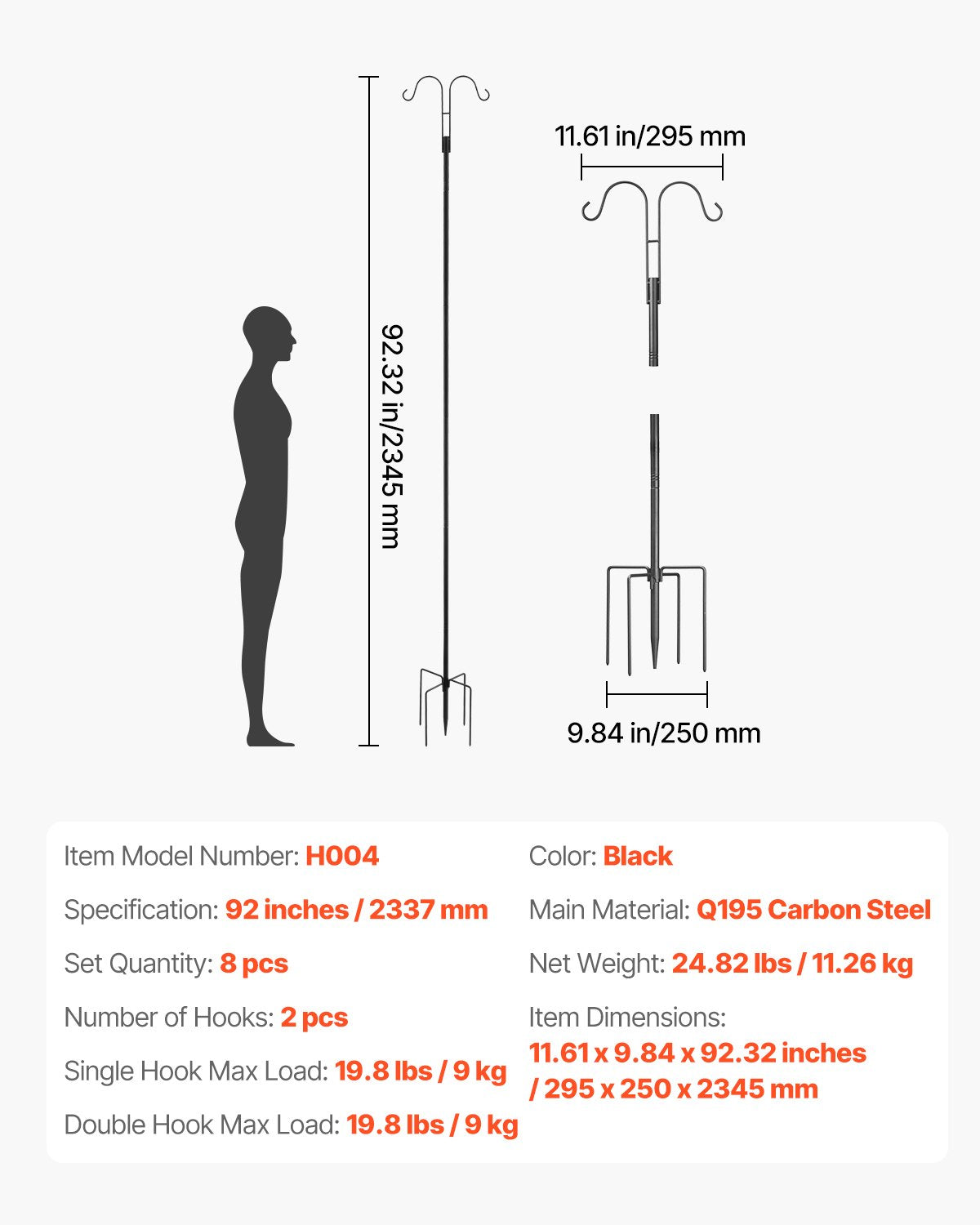 Double Shepherds Hooks for Outdoor, 8 Pack 92 Inch Heavy Duty Bird Feeder Pole, 3/4 Inch Thick Garden Hooks for Hanging Hummingbird Feeder, Plant Baskets, Solar Light Lanterns,Wind Chimes