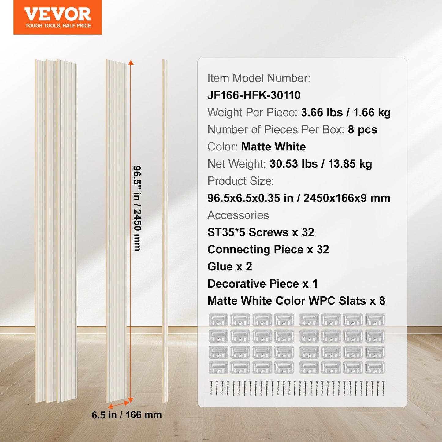 Wood Slat Acoustic Panels 8 PCS 96 x 6 inch for Modern Wall Matte White