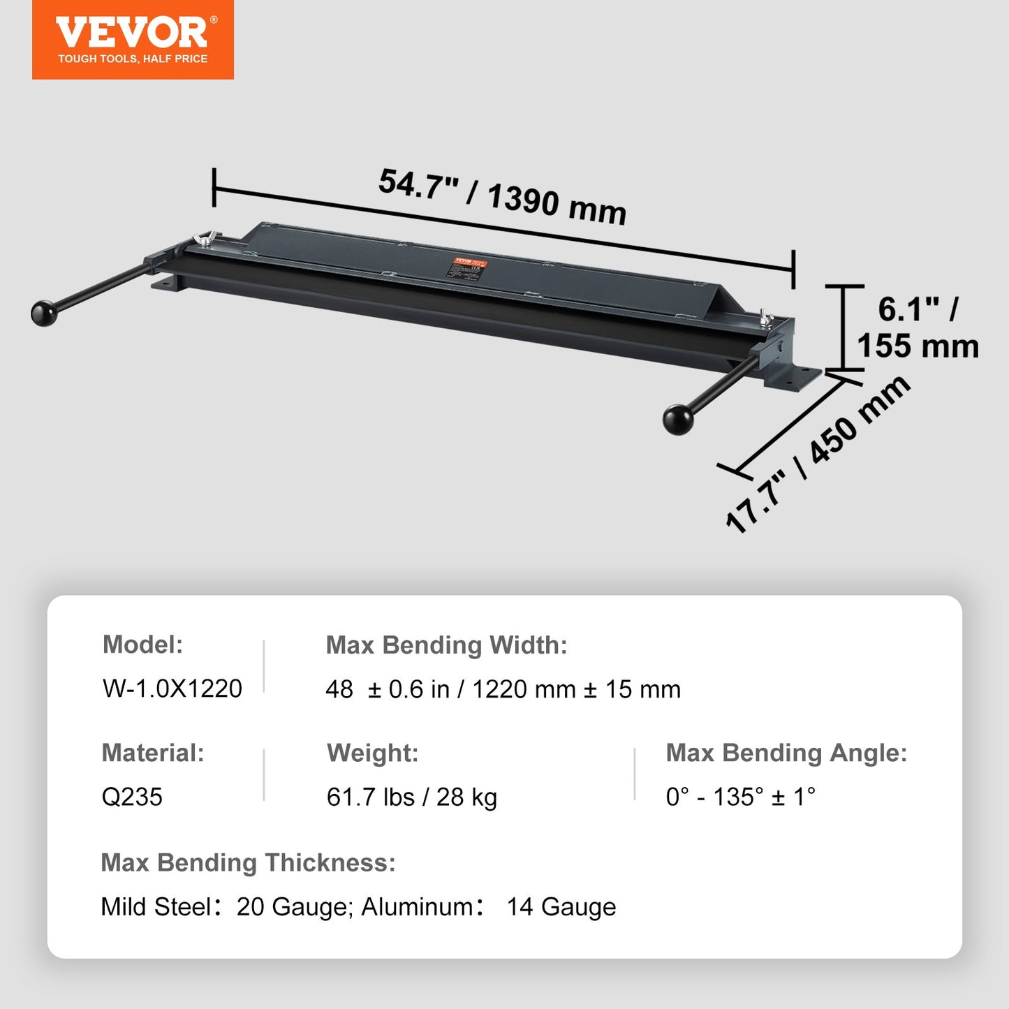 Box and Pan Brake, 48-Inch, 0-130 Degrees Sheet Metal Bending Brake, Portable Mini Metal Bender with 20 Gauge Low Carbon Steel 14 Gauge Aluminum Capacity Power Handle, for Metal Bending