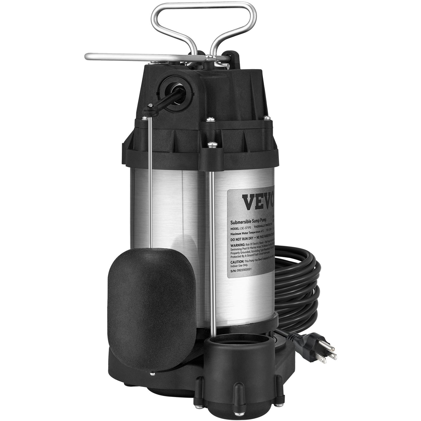 Sump Pump, 1/2 HP 3960 GPH, Submersible Stainless Steel Water Pump, 1-1/2" NPT Discharge With 33 ft Cord, Automatic Float Switch with Piggy-back Plug, for Indoor Basement Water Basin