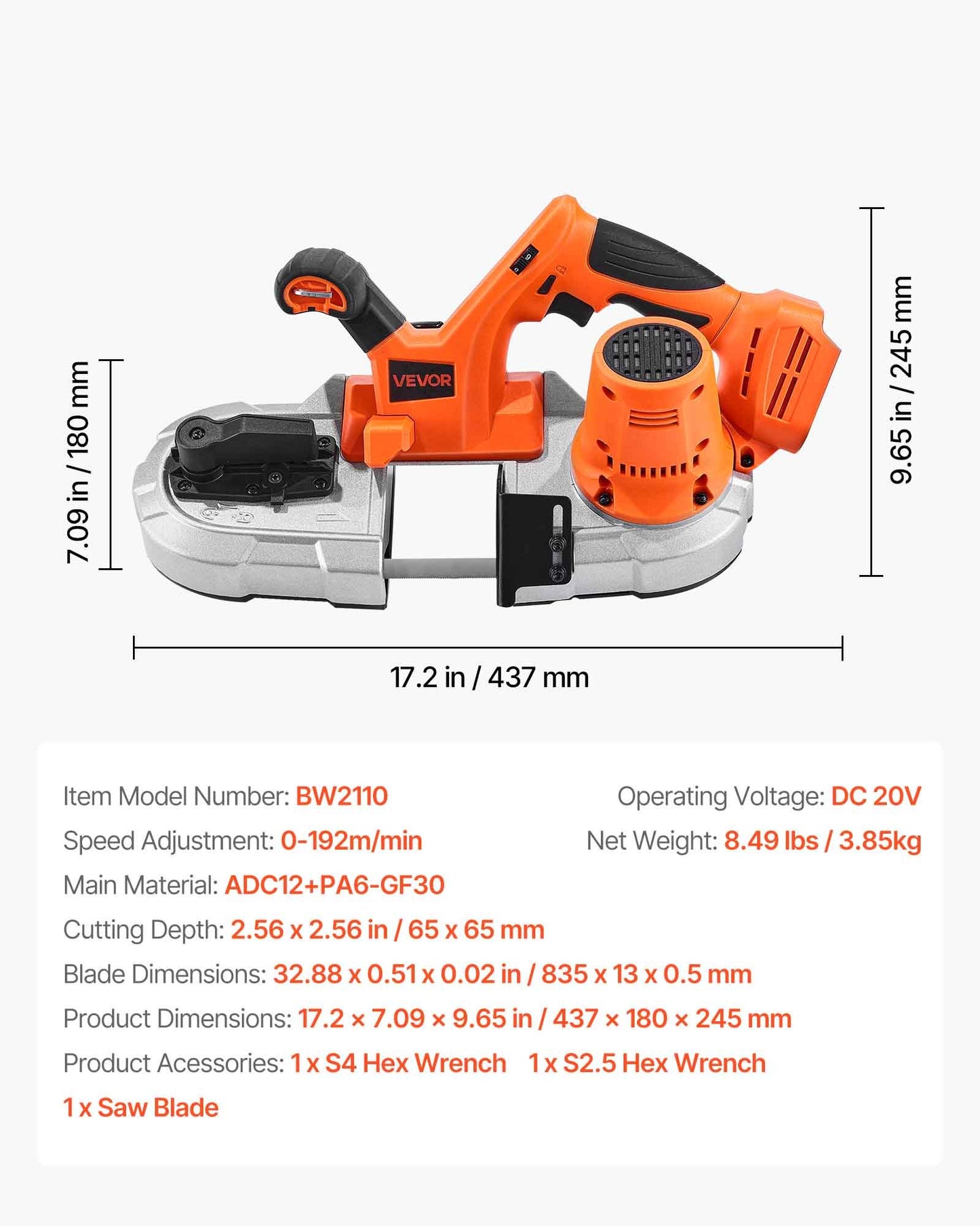 20V Portable Band Saw, 2.56-Inch Deep Cut, 360W Bandsaw with Brushless Motor, Cordless and Compact Portaband, Hang Hooks, 0-192 m/min Variable Speed, for Cutting Metal, Wood (Bare Tool Only)