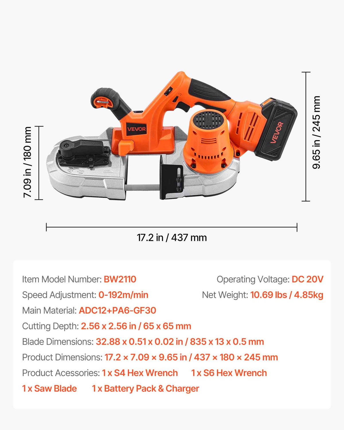 20V Portable Band Saw Kit, 2.56-Inch Deep Cut, AC 110V, 360W Bandsaw with Brushless Motor, 4.0 Ah Battery, Cordless and Compact Portaband, 0-192 m/min Variable Speed, for Cutting Metal, Wood