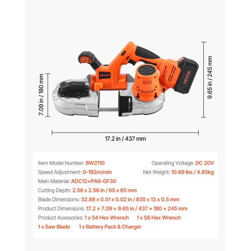 20V Portable Cordless Band Saw Kit with Battery and Charger, 65 x 65 mm Cutting Depth Metal Band Saw with Brushless Motor, 0-192 m/min Variable Speed for Cutting Metal, Wood | EU