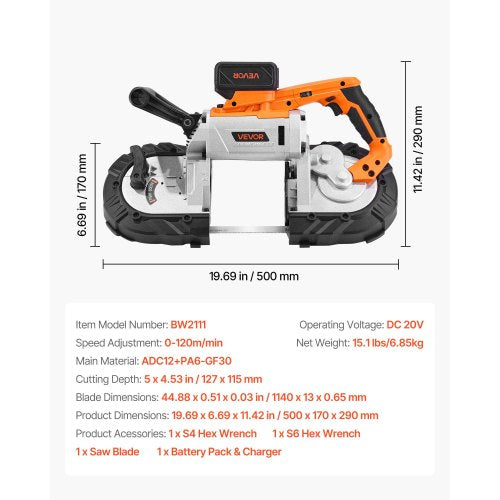 20V Portable Cordless Band Saw Kit with Battery and Charger, 127mm x 115mm Cutting Depth Metal Band Saw with Brushless Motor, 0-192m/min Variable Speed for Cutting Metal, Wood | EU