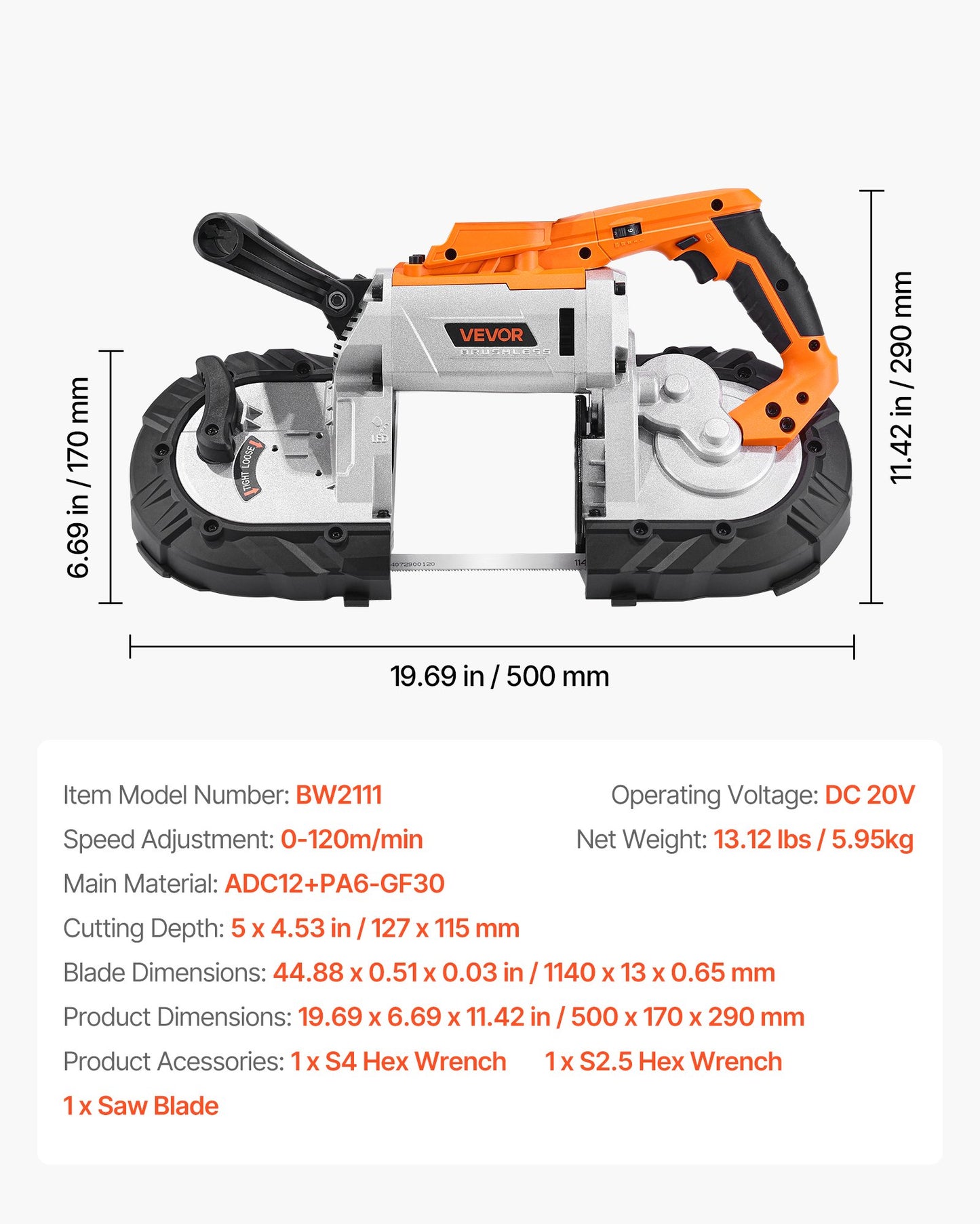 20V Portable Band Saw, 5 Inches Deep Cut, 360W Bandsaw with Brushless Motor, Cordless and Compact Portaband, Hang Hooks, 0-120 m/min Variable Speed, for Cutting Metal, Wood (Bare Tool Only)