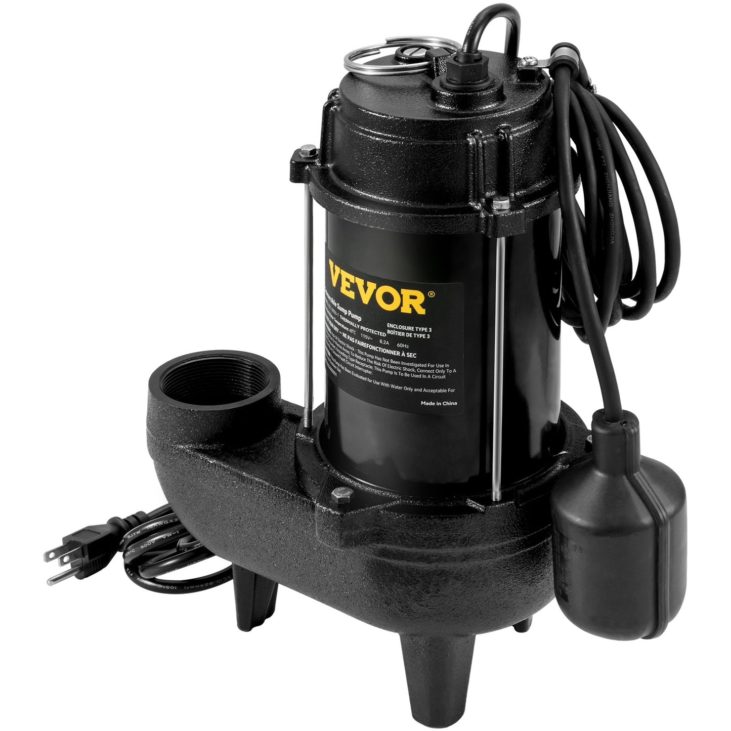 Submersible Sewage Pump, 3/4 HP, 5880 GPH, 1050W, Durable Cast Iron, Includes 2" Outlet and 10 ft Piggy-back Float Switch, Ideal for Septic Tanks, Basements