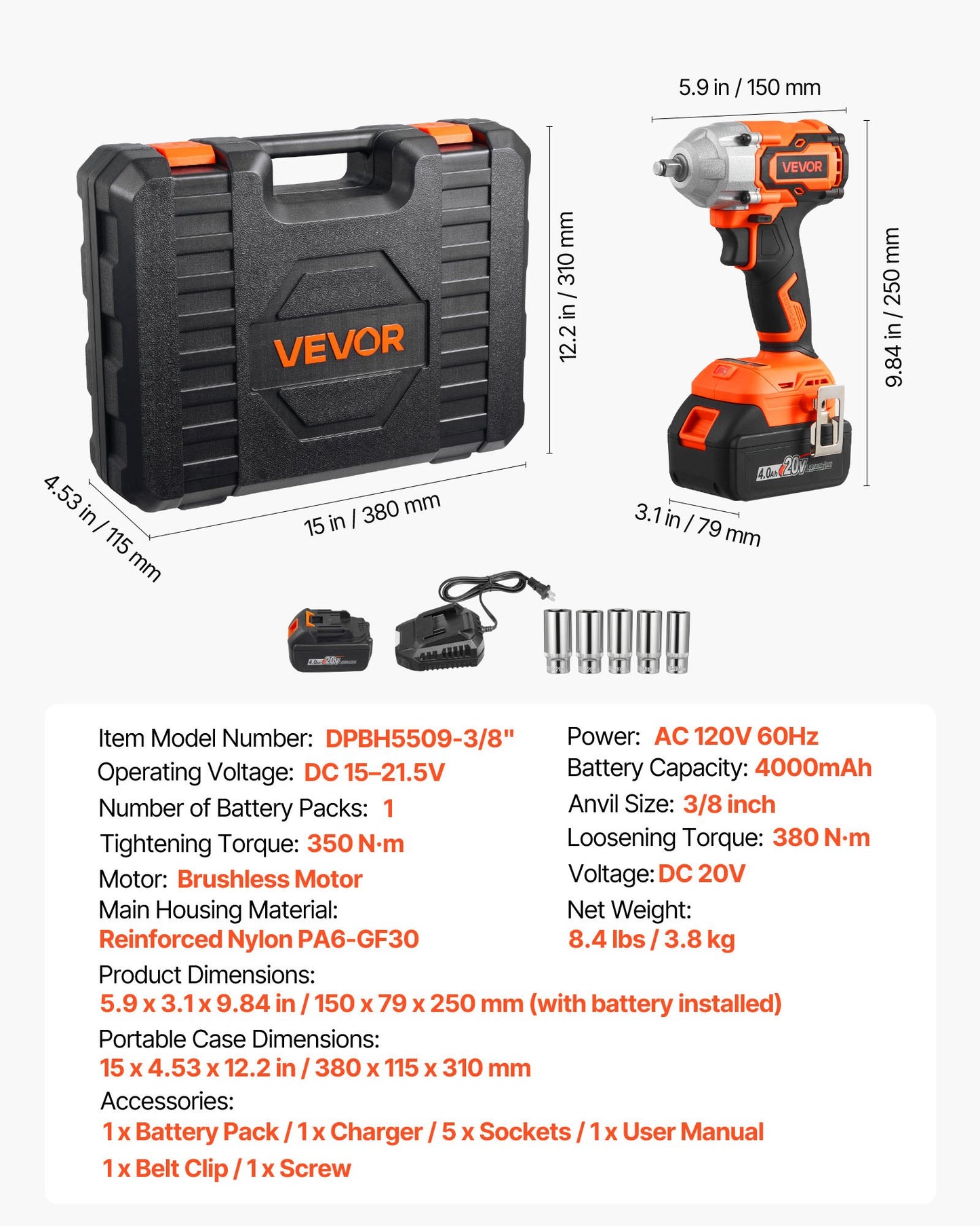 Cordless Impact Wrench, 280 ft-lbs / 380 N·m High Torque, 3/8 inch, 20V Electric Impact Wrench with Brushless Motor, 4Ah Battery, Charger, 5 Sockets and Belt Clip, for Car Tire Truck DIY