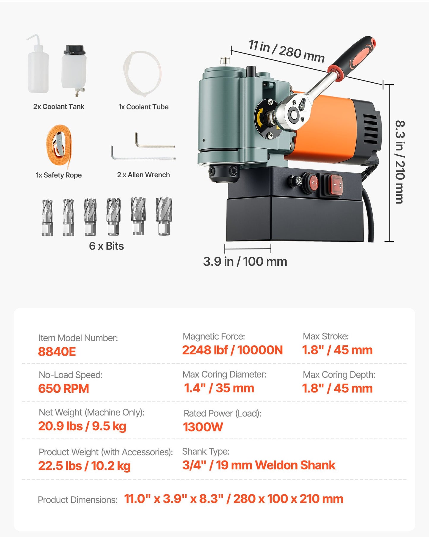 Low Profile Magnetic Drill Press, 1300 W, 1.4 in Boring Diameter, 2248 lbf Power Portable Mag Drill Press, 650RPM Speed, with Weldon Shank, for Metal Surface, Industrial and Home Improvement