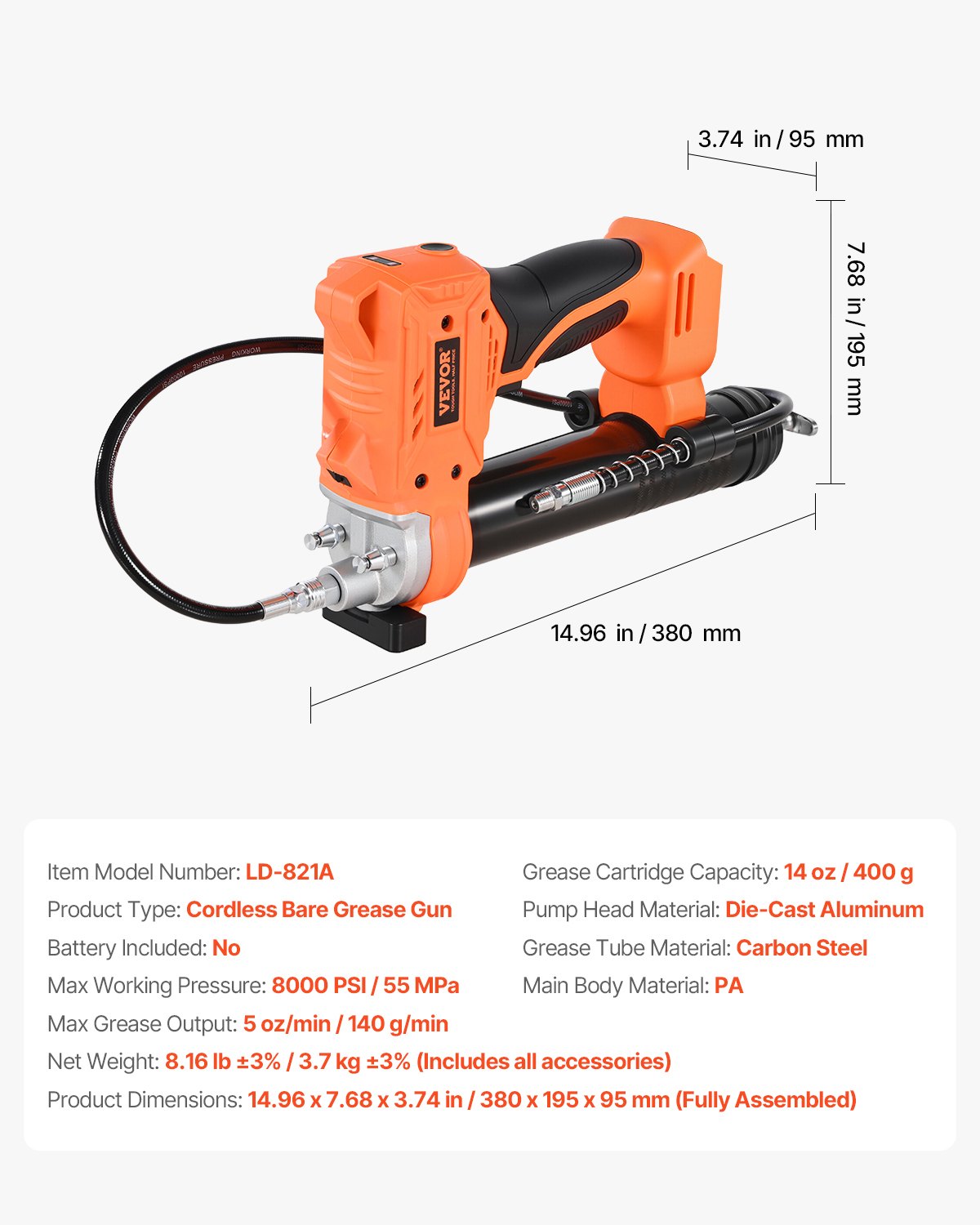 Cordless Grease Gun, 8000 PSI Max Pressure, Battery Operated Grease Gun with LED Light & 35.4-inch Long Hose, Compatible with 18V Makita Batteries, For Greasing Vehicles or Machines(Tool Only)