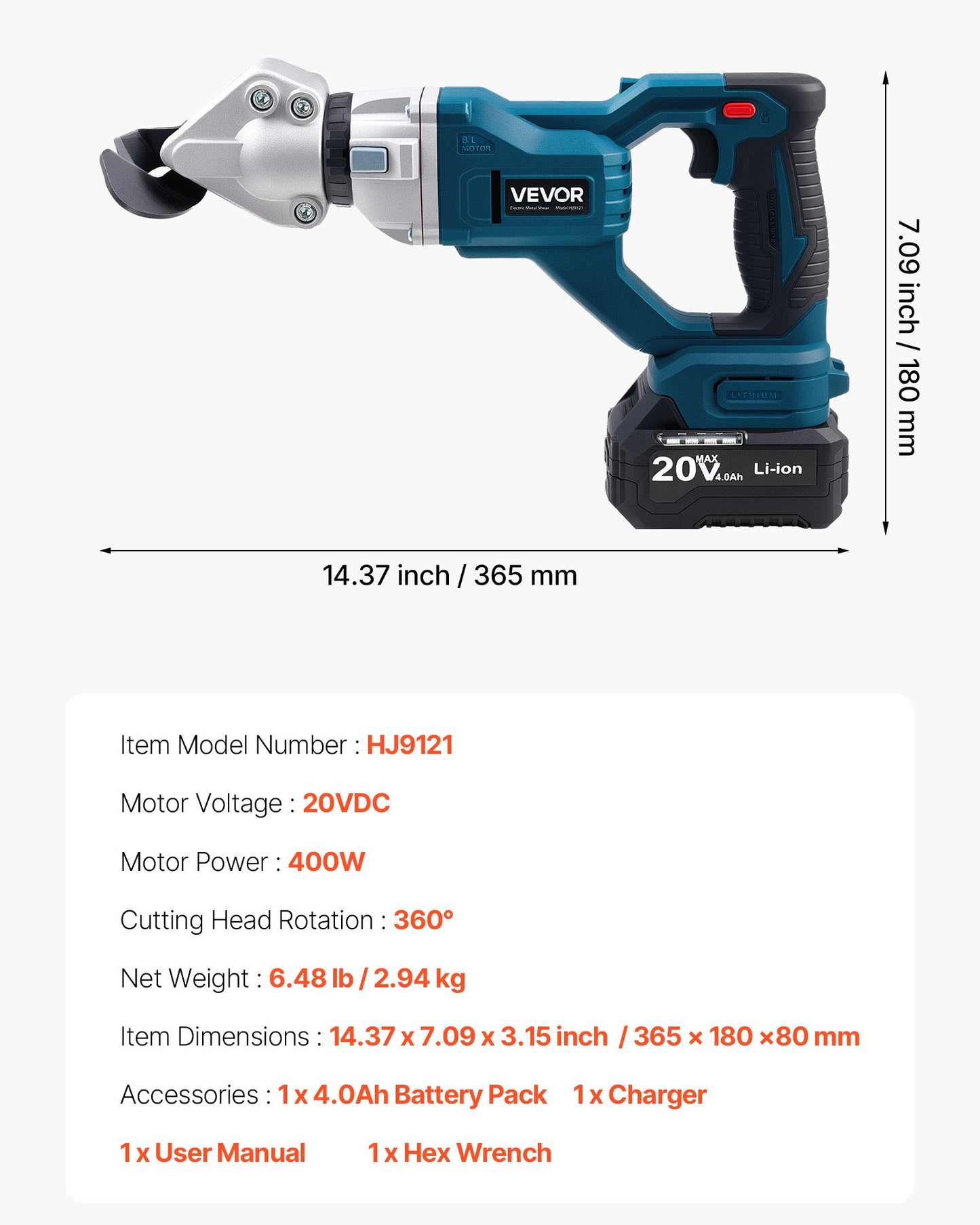 Metal Shear, Cordless Sheet Metal Cutter with 360-Degree Pivoting Head, Double Blades, 110VAC 20VDC, Cuts 18 GA Galvanized Steel, 20 GA Stainless Steel, Aluminum, Plastic, Cardboard, 2800SPM