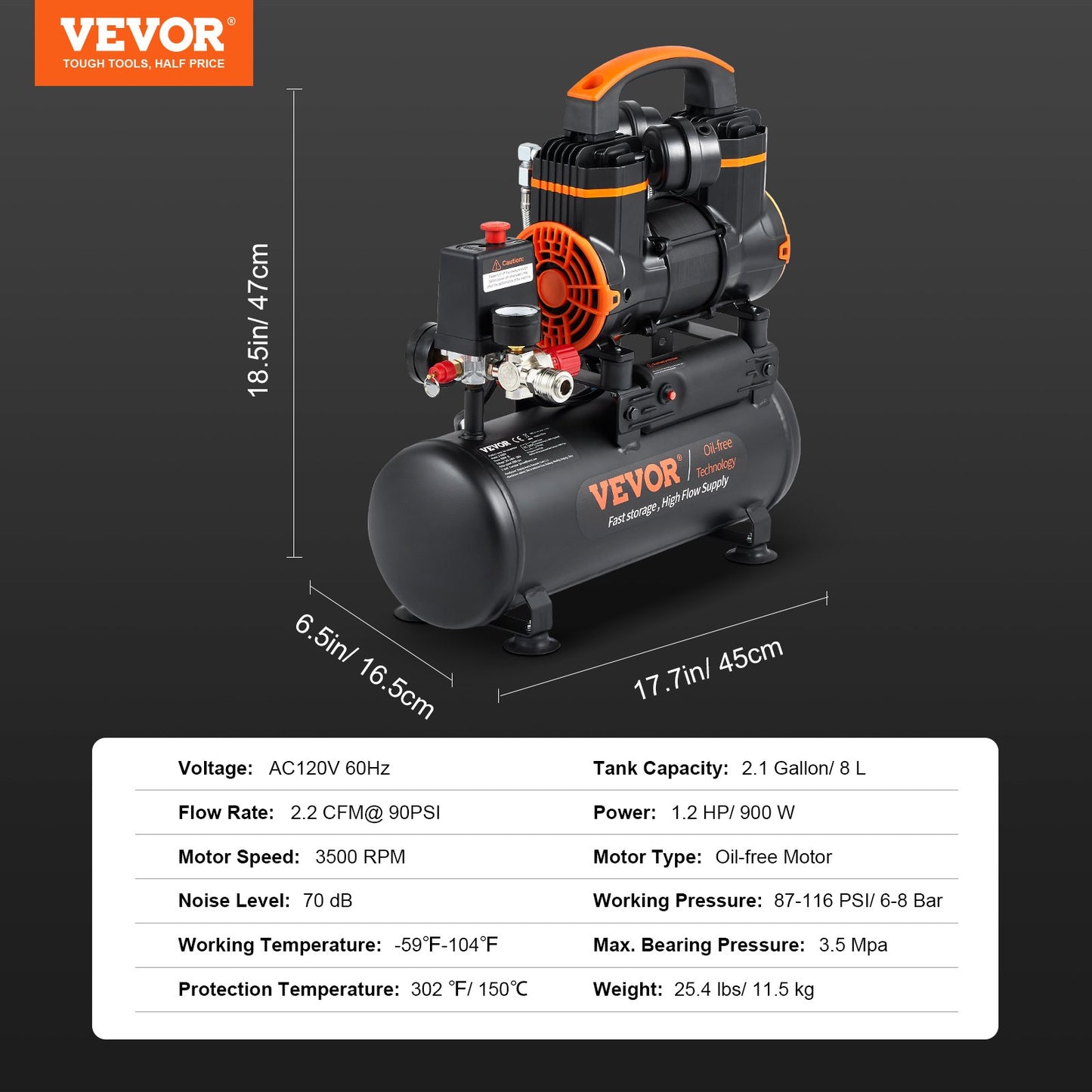 2.1 Gallon Air Compressor, 1.2HP 2.2 CFM@90PSI Air Compressors with Max. 116PSI Pressure, Oil Free Compressor Tank for Auto Repair, Tire Inflation, Spray Painting, Woodwork Nailing