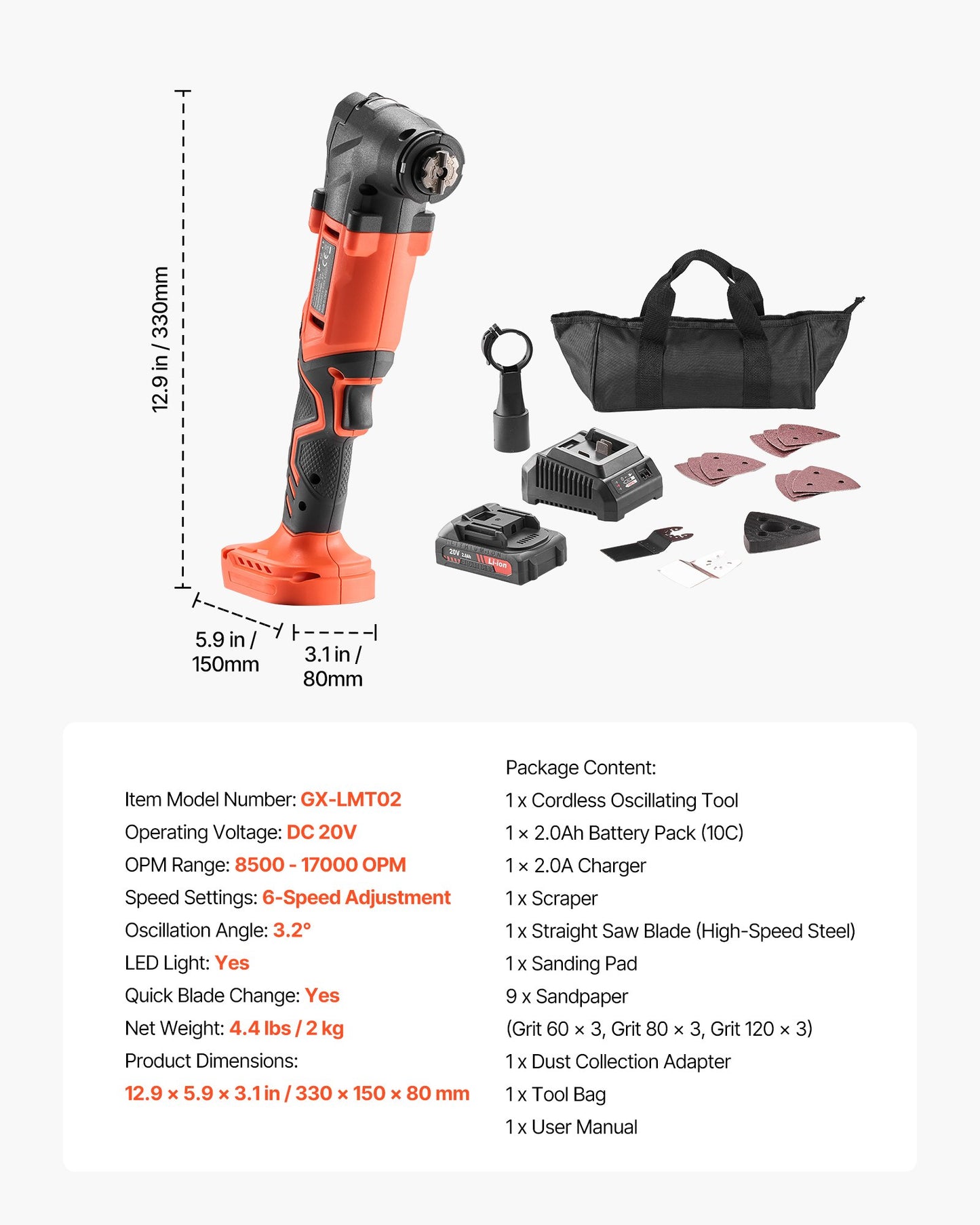 Cordless Oscillating Tool, 20V Oscillating Multi Tool Kit with 6 Variable Speeds 8500 - 17000 OPM, 3.2° Oscillation Angle, 2.0Ah Battery Pack & Charger, 12PCS Saw Accessories & LED Work Light