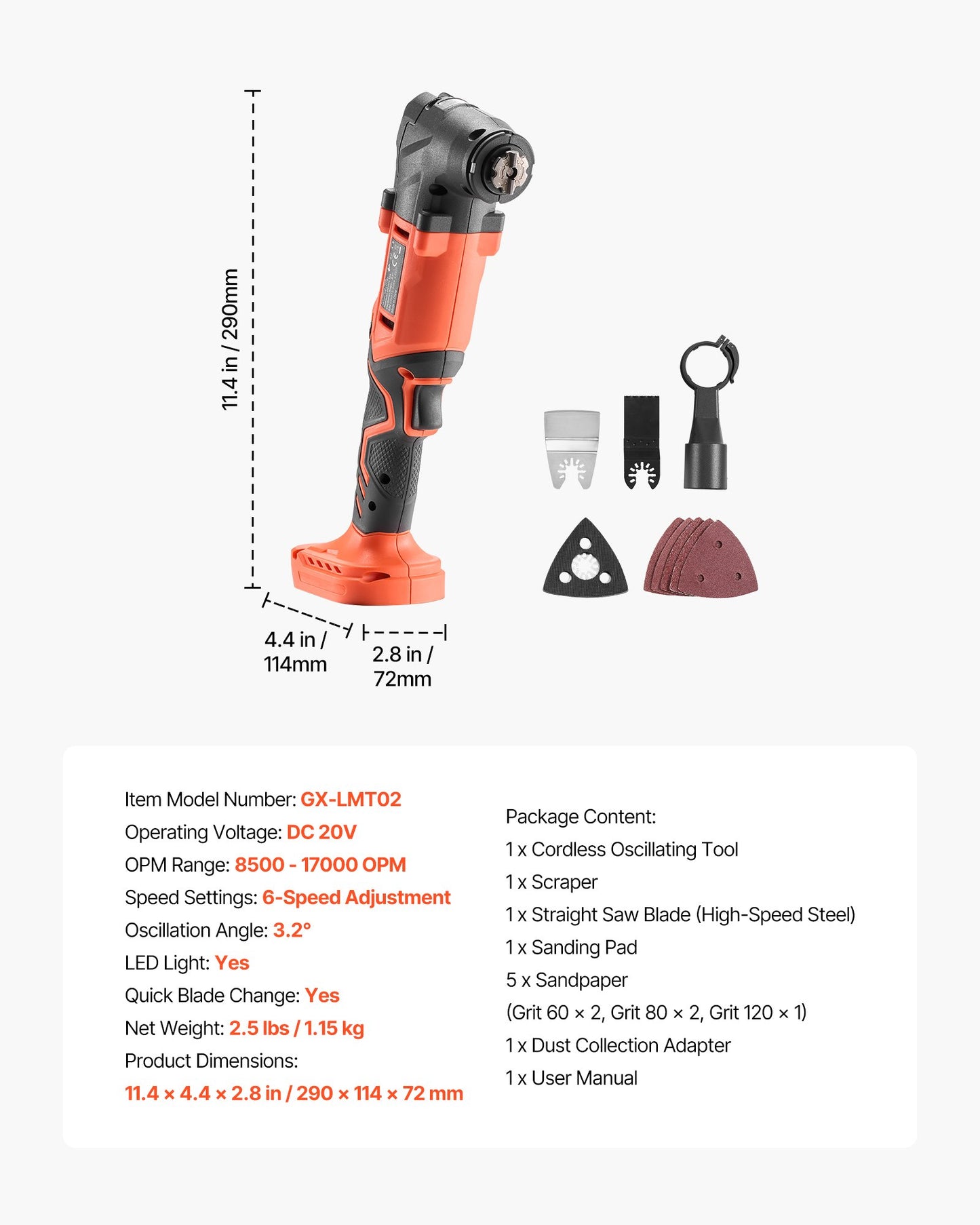 Cordless Oscillating Tool, 20V Multitool Oscillating Tool with 6 Variable Speeds 8500 - 17000 OPM, 3.2° Oscillating Angle, 8PCS Saw Accessories & LED Work Light (Battery Pack Not Included)