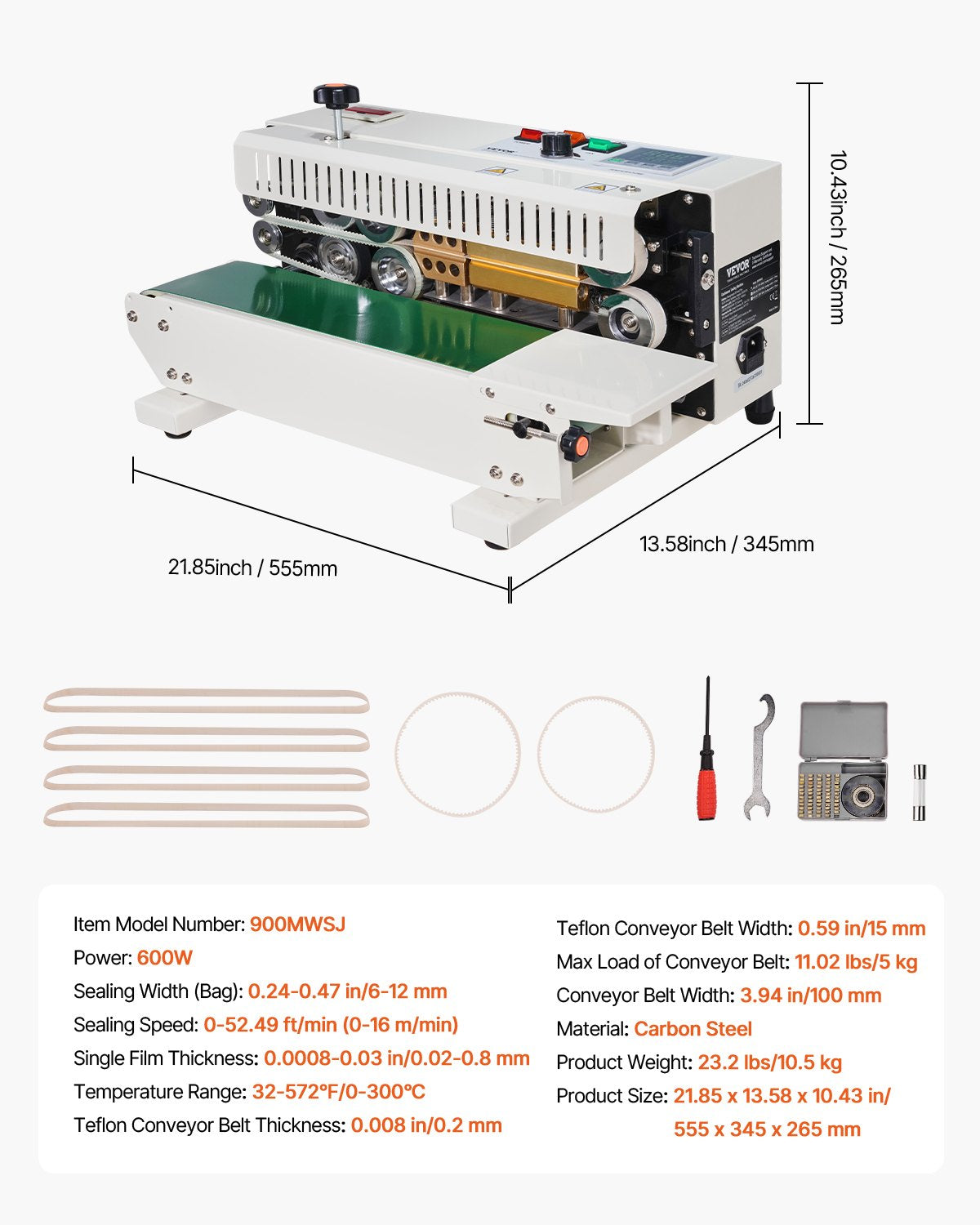 Continuous Bag Band Sealing Machine, 0.24-0.47 in/6-12 mm Seal Width, Horizontal Band Sealer Machine with Digital Temperature Control, Bag Sealer for 0.02-0.8 mm Plastic Bags with Count Function