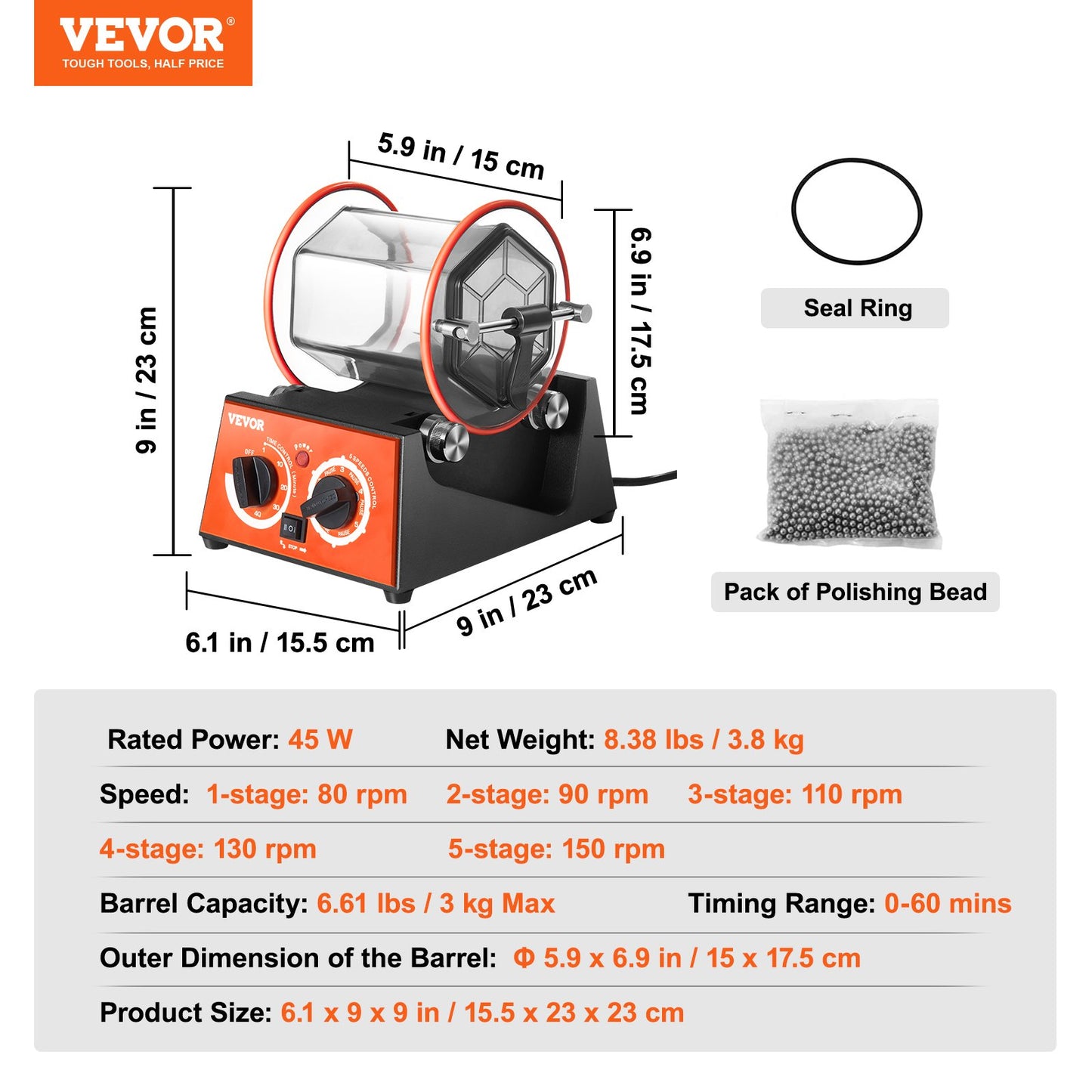 Jewelry Polisher Tumbler, 6.6lbs/3kg Capacity Mini Rotary Tumbler Machine with 0-60 Minutes Timer, 5 Speeds Jewelry Rotary Finisher for Surface Polishing Grinding Buffing Gemstones Jewels Coins