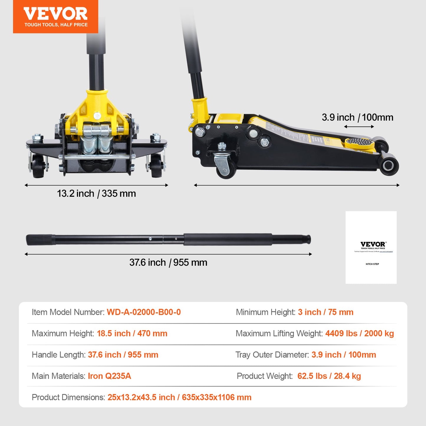 Low Profile Floor Jack 2 Ton (4400 lbs), Heavy Duty Iron Hydraulic Racing Floor Jack, Hydraulic Car Jack, Dual Piston Quick Lift Pump, 3"-18.5" Height Lifting Range (Yellow)