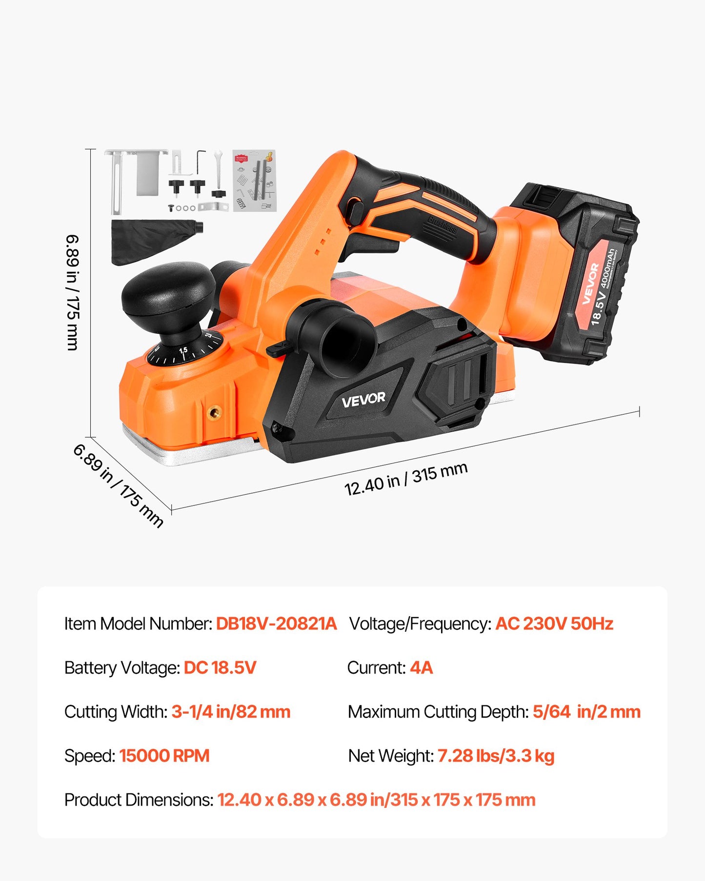 Cordless Handheld Planer, 3-1/4-Inch Cut Width, 15000 RPM Electric Hand Wood Planer with 4.0 Ah 18V Lithium Battery, Brushless Motor, Adjustable Cut Depth, Dust Collection Bag, for Woodworking